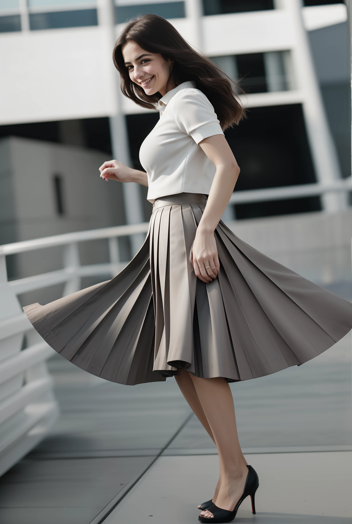 very (shy smiling:1,1) good woman wearing a short blazer with a very very detailed (long (fully pleated) full circle skirt) and (simple) low heeled office shoes, very very intricate hyper-detailed symmetric (attractive graceful young feminine face) with (sad, tired eyes and a shy smile), large breasts, full of empathy and compassion and love, (pronounced (feminine) features), (highly detailed ultra accurate realistic) hands and fingers, (windy conditions and wind blowing), epic composition, highly detailed attributes, highly detailed atmosphere, (35mm f1.4 Kodak portra 400 photograph), extremely high quality RAW photograph, (deep space travel),