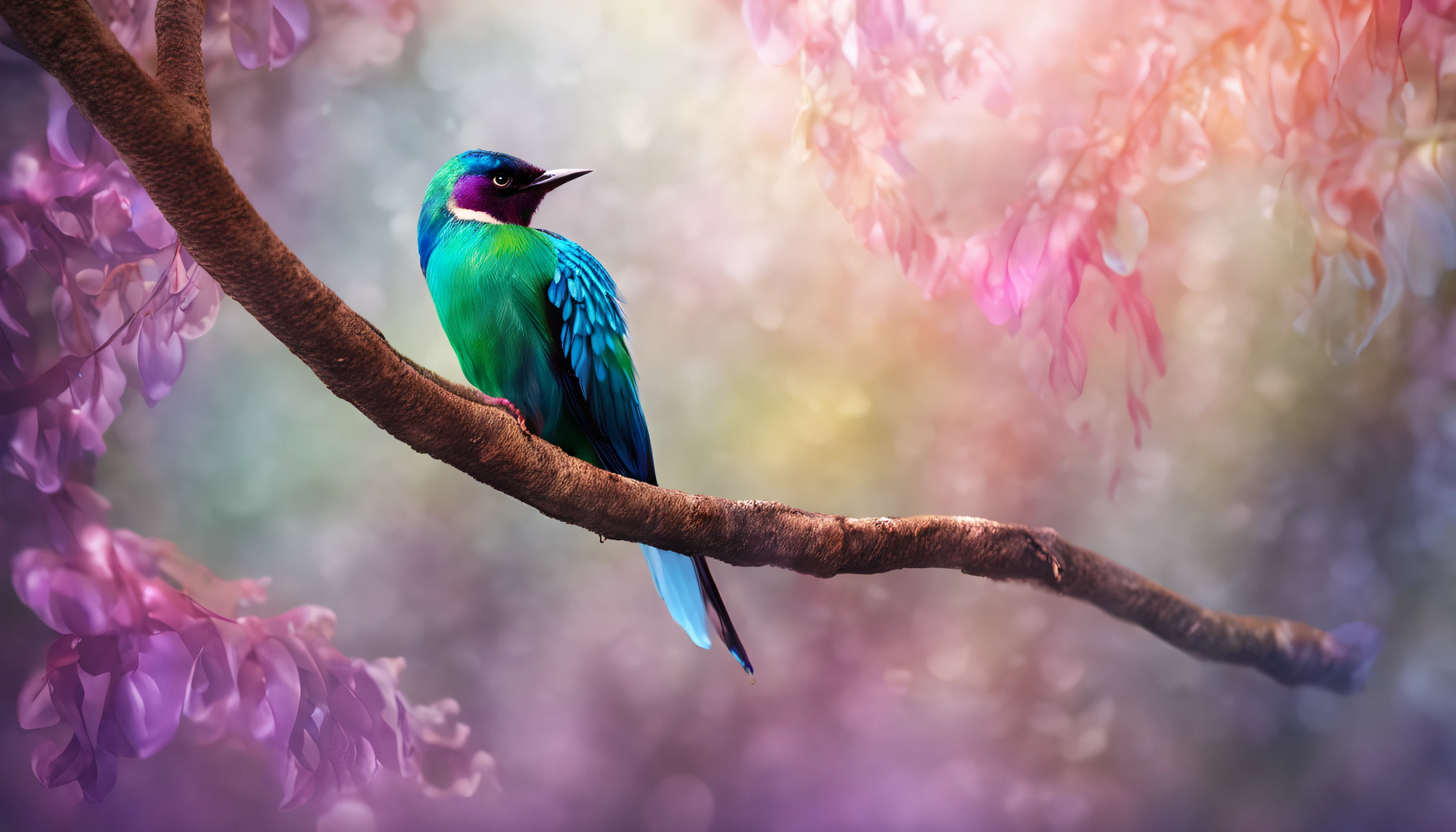 criatura de fantasia, photo-realistic representation, Majestic bird, plumagem intrincada, penas iridescentes, Mythical charm, close-up view, Dramatic angle, ethereal atmosphere, painterly style, perched on a mystical branch, fundo encantado da floresta, Luz Suave Difusa, cores vibrantes, magical ambiance, Lente 100mm, Nikon Z7 |, Ampla abertura, Aprimoramento HDR, 4k resolution, inspirado no folclore, visualmente cativante, maravilha encantadora.