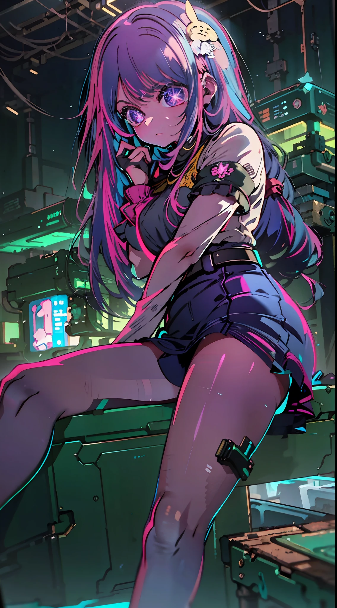 Noite, Fundo colorido da cidade cyberpunk, de rua, sirin,honkai impact, olhos azuis, olhos brilhantes, Meias pretas, retroiluminado, brilhar, Surveying the audience, Low angle lens, olhando para cima lente, perfect composition, delicadeza perfeita de luz e sombra, 8k