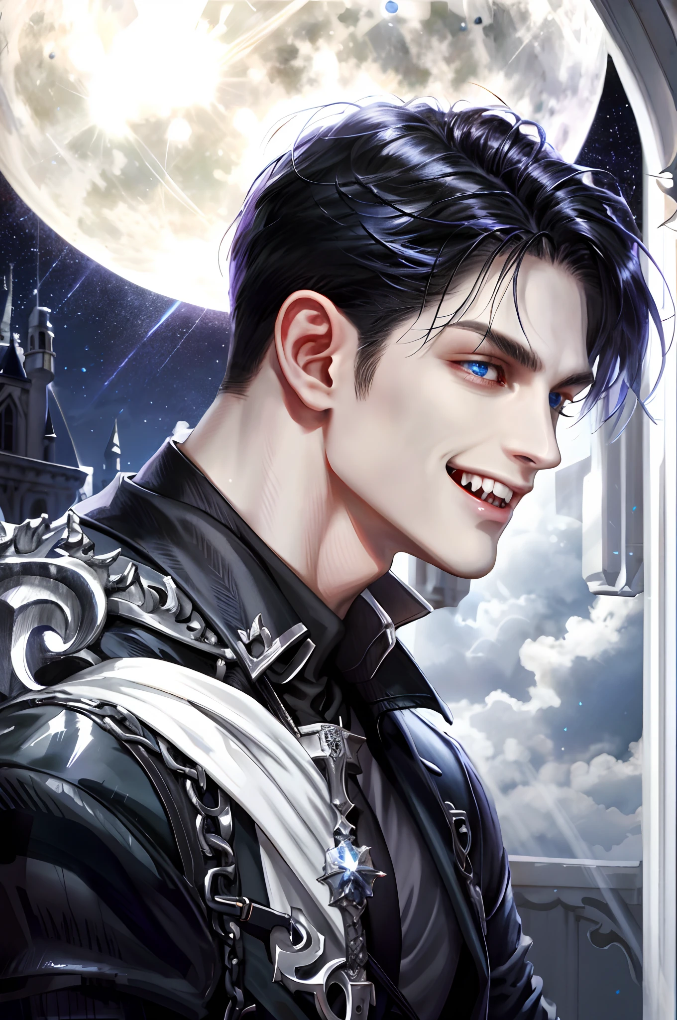 (absurdres, highres, ultra detailed), 1 male, vampire, ((exposed fangs)), muscular, intricate details, Fantasy, styled black hair, blue eyes, pale white skin, seductive, sexy, intense, looking at viewer, sly smile, shirtless, black pants, dark, in front of open doors to terrace, gothic castle, nighttime, moon, stars, clouds, atmospheric,