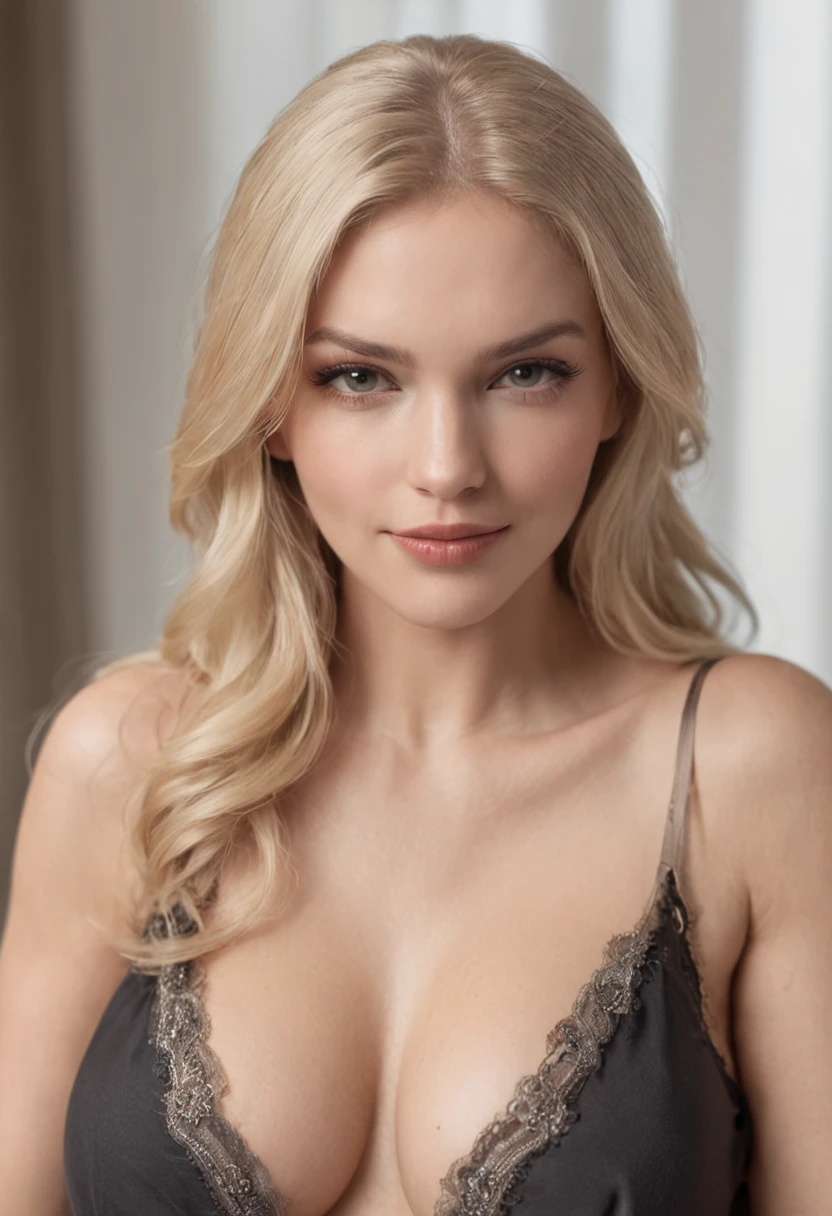 A No bra, Naked, Nude, Masterpice Photorealistic Huge Tits Blond Woman on a sofa, Holding a Beer, Full body Perfect Body, Perfect Face, Smiling, HD, distance frame, Undressed