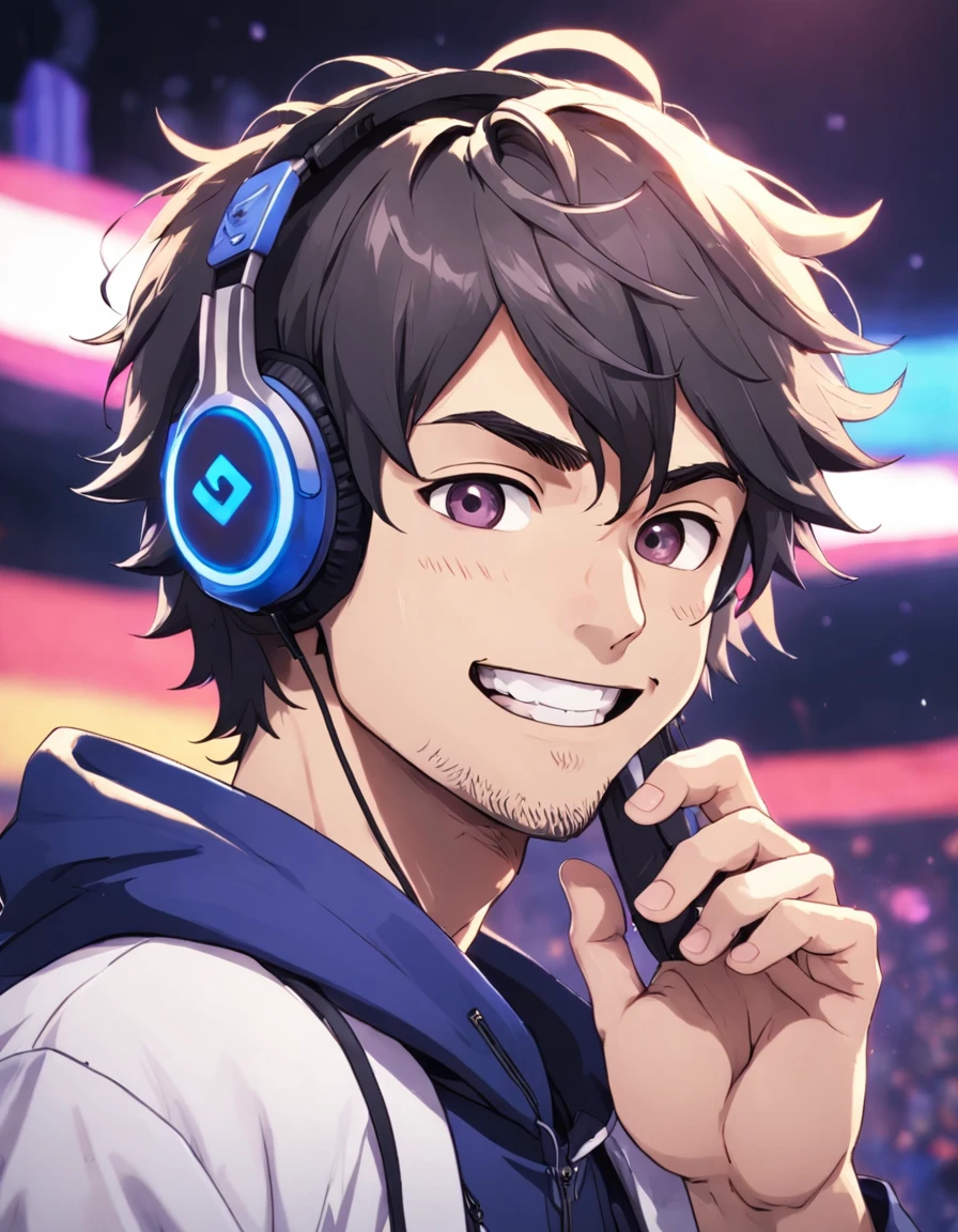Homem sorridente com fones de ouvido, Streamer do Twitch / Jogador Ludwig, neckbeard, foto de perfil headshot, Vinny de Vinhinha, Streamer do Twitch, sorriso insano, Vinny Vinny Molho, muito ligeiramente sorridente, halfbody headshot, he's smiling, Jody Highroller, large eyes and menacing smile, sorriso muito grande, happily smiling at the camera, XQC, obra-prima, melhor qualidade, filme ainda, Close-up, brilhante, Feliz, Soft lighting and Warm, (Sparks: 0,7)