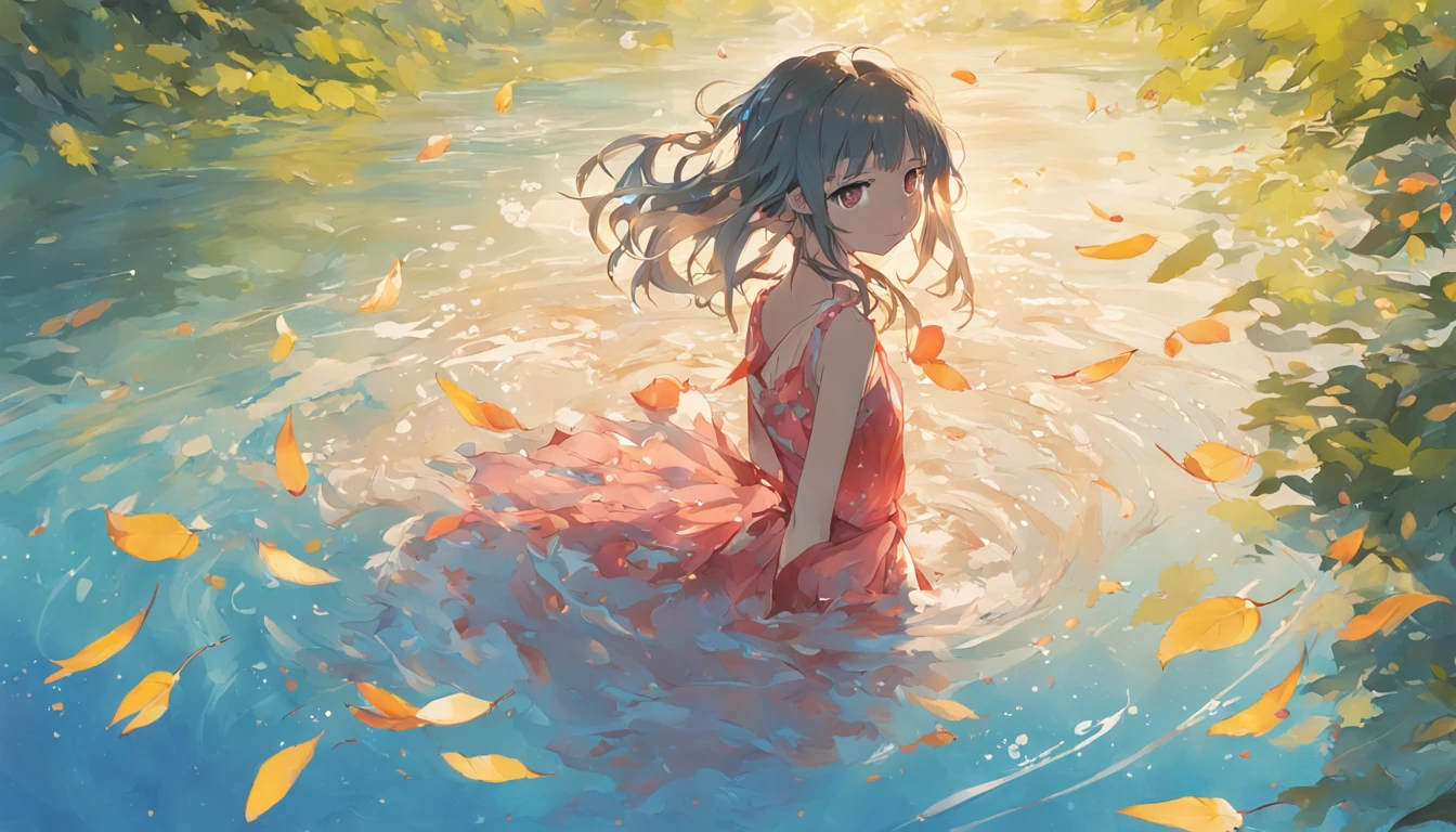Girl surrounded by cherry leaves in the middle of a lake, sentada en el agua, vistiendo un vestido blanco sin mangas, pelo azul