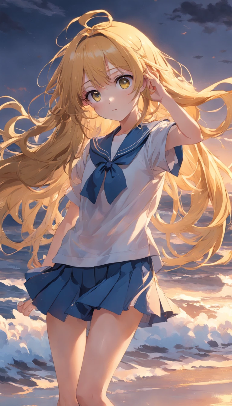 Beach,Look up,Girl in her second year of high school、独奏、long golden hair、hair messy、Yellow eyes、Sailor suit with short sleeves、a blue skirt、A slight smil