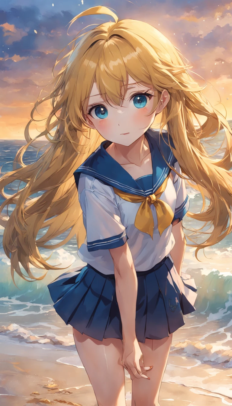 Beach,Look up,Girl in her second of high school、独奏、long golden hair、hair messy、Yellow eyes、Sailor suit with short sleeves、a blue skirt、A slight smil