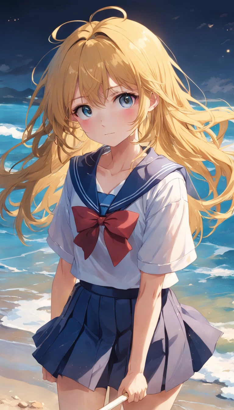 Beach,Look up,Girl in her second year of high school、独奏、long golden hair、hair messy、Yellow eyes、Sailor suit with short sleeves、a blue skirt、A slight smil