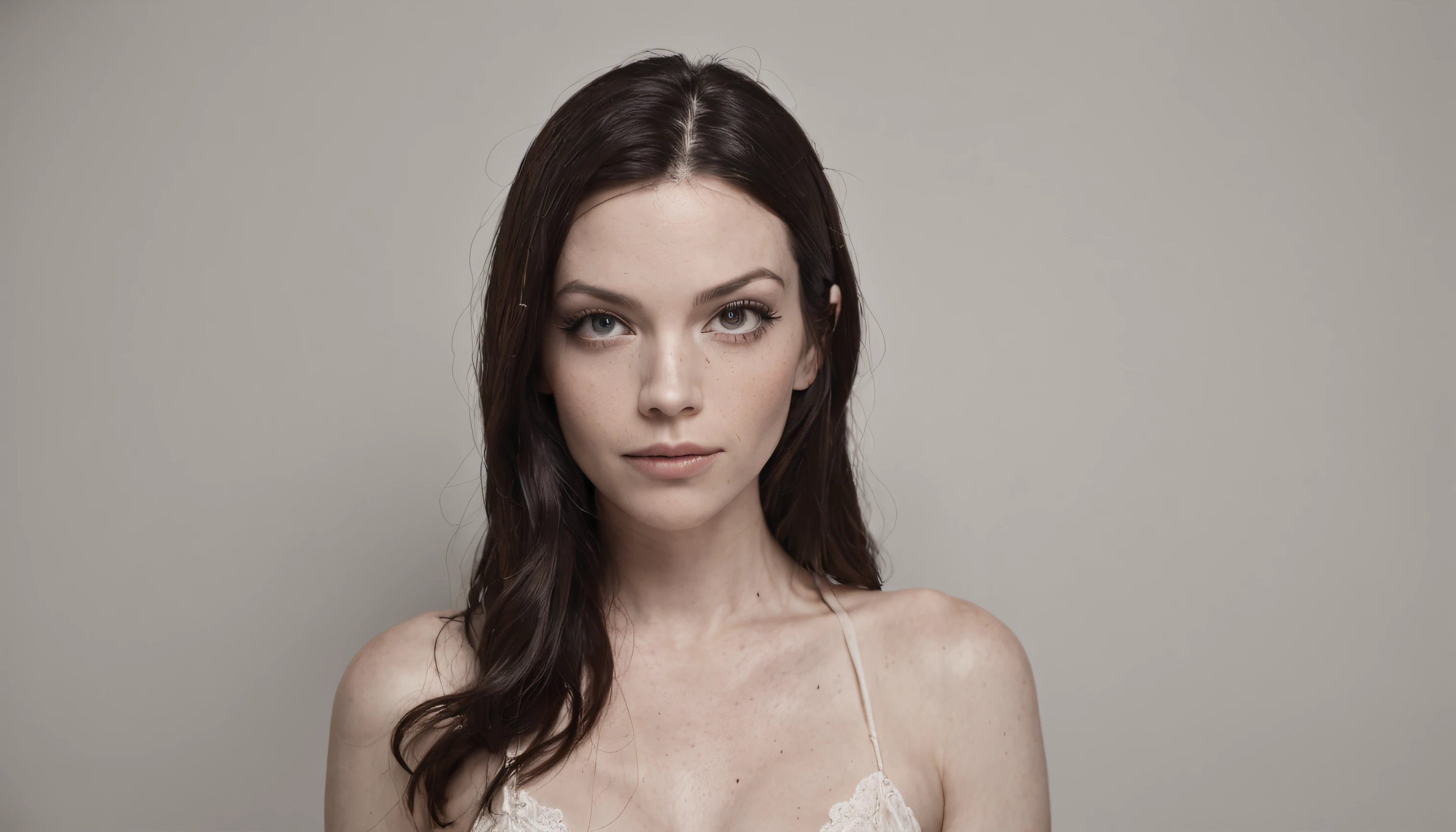 Auto retrato de corpo inteiro, de uma jovem mulher, de 29 anos, (((vestindo roupas curtas ((corpo tatuado))), (inspirado em garotas ?????????????:1.3), como Laura Prepon, ((em um quarto, with several posters pasted on the wall)), Autorretrato realista, 8k UHD, DSLR, grain of film, (fotorrealista:1.5)