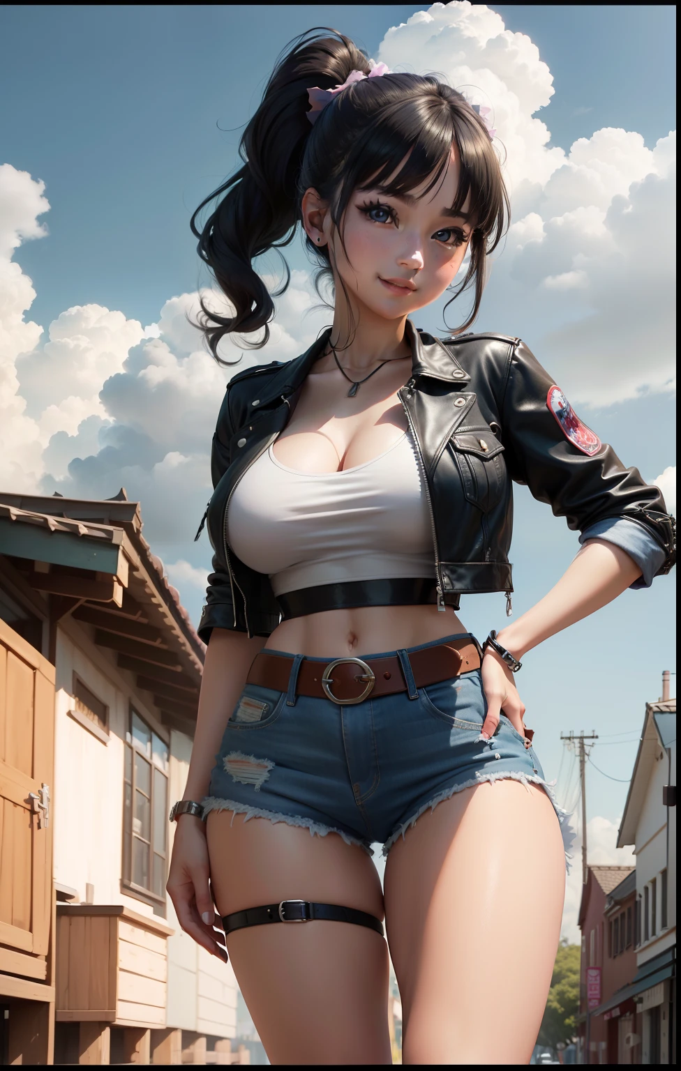 A girl in a black belly-baring short button-down shirt wearing tight jeans with a buckle belt highlighting her curves