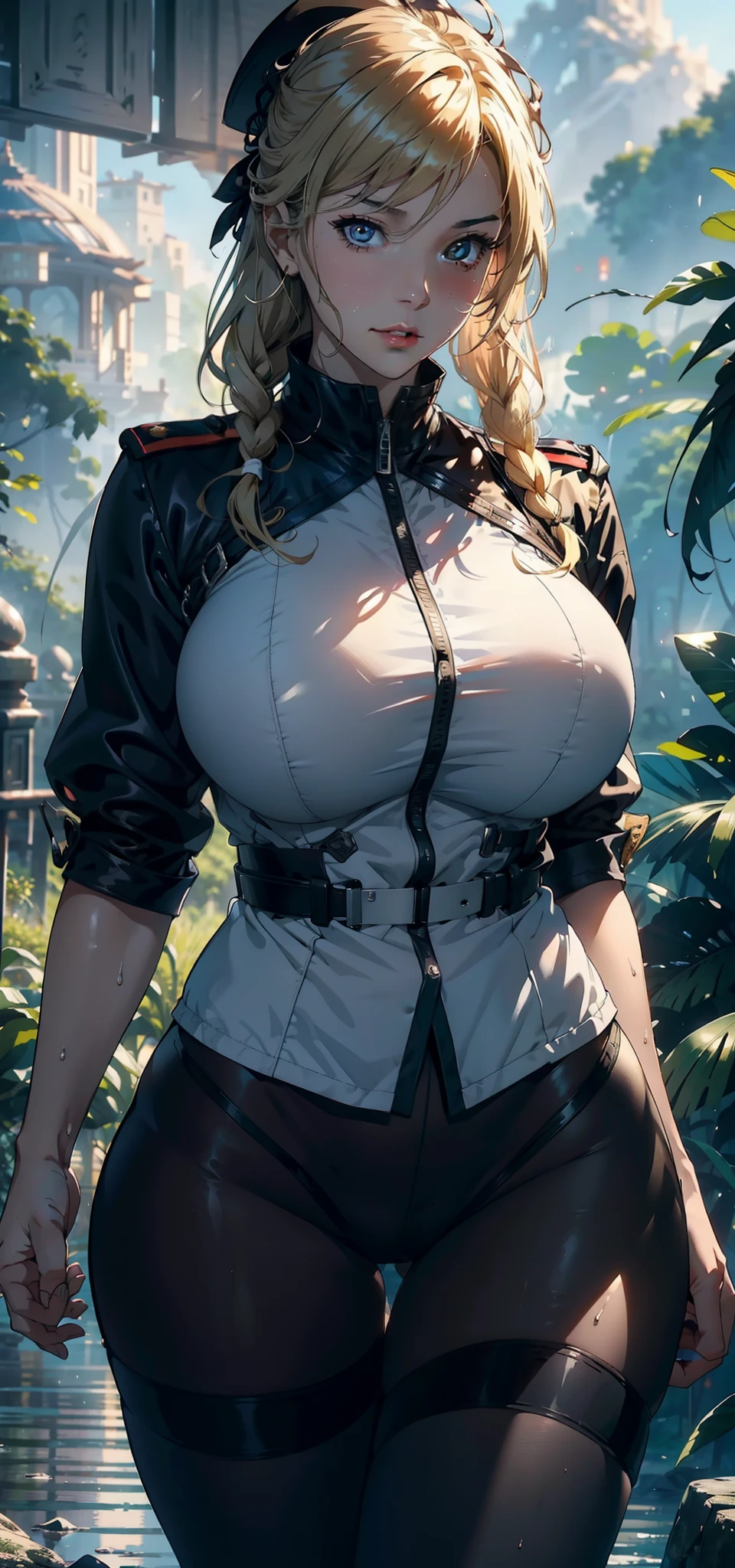 1 female，45 years old，married woman，熟妇，big breasts，long leges，Big breasts and thin waist， photo exposure， solo，（background with：in the forest，Rainforest，In the summer） She has long white hair，red lips，Stand deep in the forest，View from the front， straight hair，long, flowing hair， The sky is mostly cloudy，（（（masterpiece），（Very detailed CG unified 8k wallpaper），best quality，light，detailed background，beautiful eyes，bright pupils，（very delicate and beautiful），（Beautiful and detailed eye descriptions），Super detailed，masterpiece，）），face camera，high resolution，Super detailed），Naked of breast，a little fat， camel toe，navy，（wear：Officer's cap，dark blue sailor，nude，）