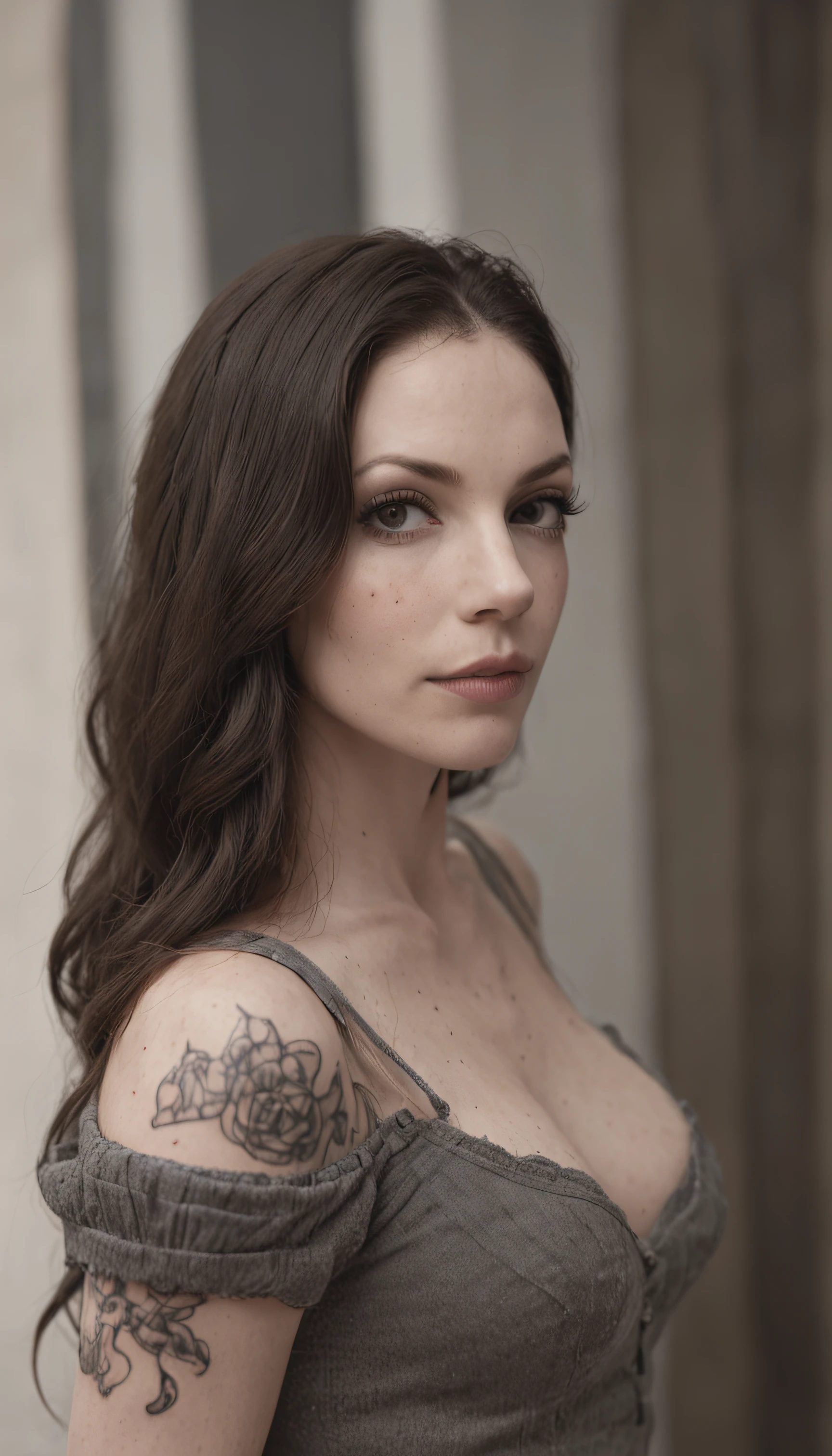 Auto retrato de corpo inteiro, de uma jovem mulher, de 29 anos, (((vestindo roupas curtas ((corpo tatuado))), (inspirado em garotas Suicide Girls:1.3), como Laura Prepon, ((em um quarto, with several posters pasted on the wall)), Autorretrato realista, 8k UHD, DSLR, grain of film, (fotorrealista:1.5)