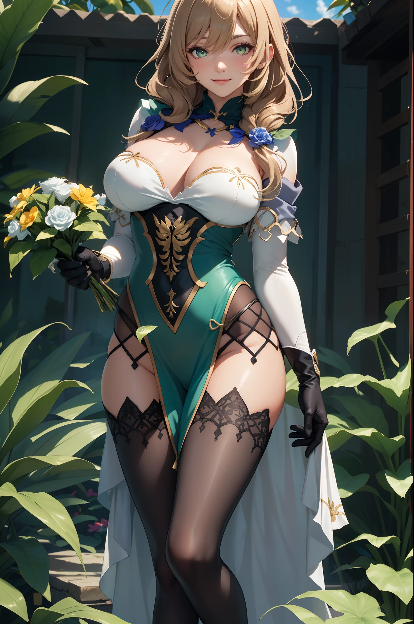 ((masterpiece, best quality, perfect pixel, UHD)),close-up, facing viewer,straight on, face focus,((1 girl)), lisa \(genshin impact\),{short hair,}, (big breasts:1.4),(photo realistic:0.8), standing,bridal veil,wedd00ing, bridal gauntlets, bridal garter, wedding glove, (smile:1.2), (detailed light), (smooth texture:1.2),lighting, colorful, layered backgrounds, (gorgeous background), dynamic angle, (shine),blonde hair,sleeves,(dark green eyes:1.2),(outdoor), physically-based rendering, RAW photo, highly detailed background, (photo realistic:0.8), high res, (white bodystocking),(potted plant:1.2),geyser, park, flower field,holding a bouquet,