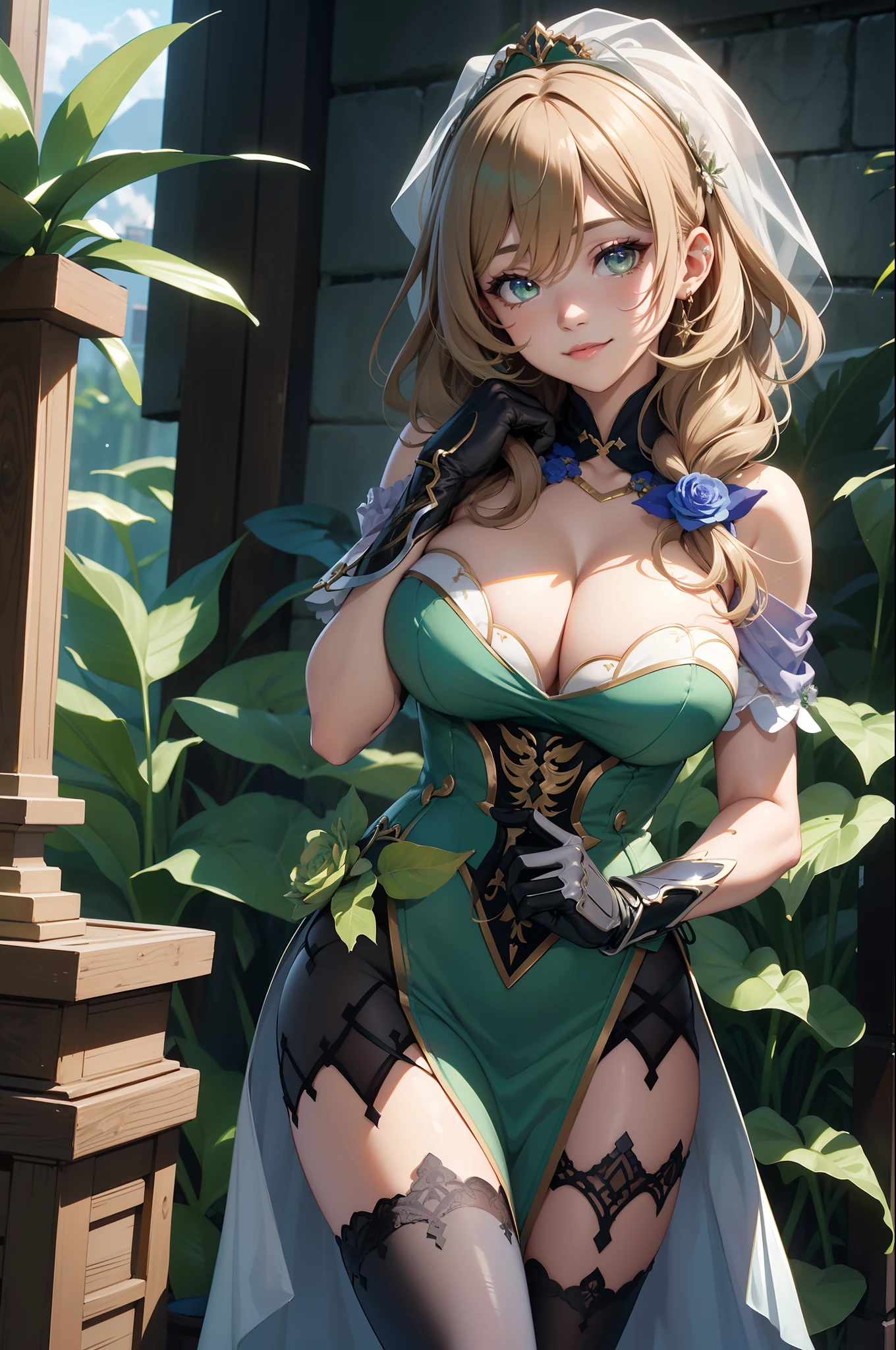 ((masterpiece, best quality, perfect pixel, UHD)),close-up, facing viewer,straight on, face focus,((1 girl)), lisa \(genshin impact\),{short hair,}, (big breasts:1.4),(photo realistic:0.8), standing,bridal veil,wedd00ing, bridal gauntlets, bridal garter, wedding glove, (smile:1.2), (detailed light), (smooth texture:1.2),lighting, colorful, layered backgrounds, (gorgeous background), dynamic angle, (shine),blonde hair,sleeves,(dark green eyes:1.2),(outdoor), physically-based rendering, RAW photo, highly detailed background, (photo realistic:0.8), high res, (white bodystocking),(potted plant:1.2),geyser, park, flower field,holding a bouquet,