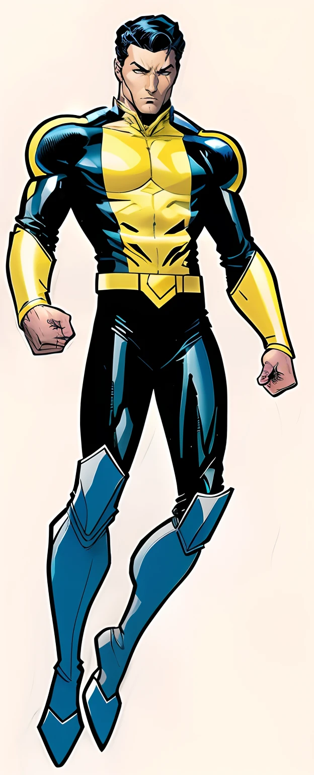 a close up of a man in a yellow and black suit, yellow and blue costume, russell dauterman, ethan van sciver, black and yellow and blue costume, phil jimenez, zoomed out full body, full body concept, full portrait of electromancer, full body picture, comic book character, fullbody view, 90s comic book character design, omniman vs invincible suit, cloth suit texture, authentic textures, realistic