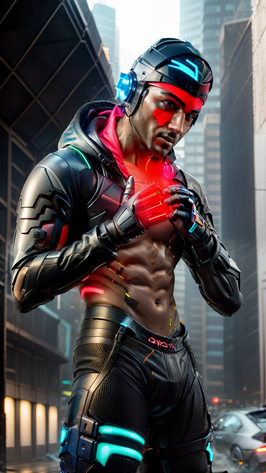 Cyberpunk Tech 8K Texture 1boy Neon Rain Hood Beautiful Pants Center Bulge Abs Fluorescent Hair --auto