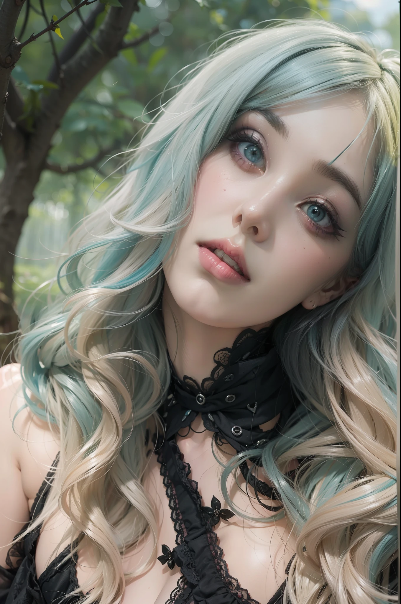 En un hermoso parque una mujer de aspecto moderno. It has a very colorful and striking kawaii gothic style.., con un maquillaje elegante y una peluca colorida.