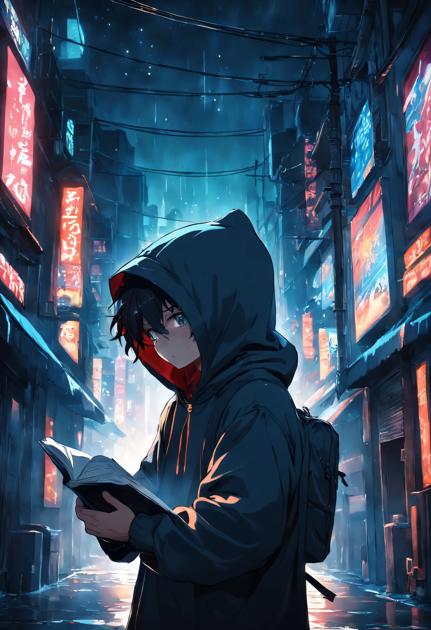 a boy in a hood covering his face with a notebook in a dark room