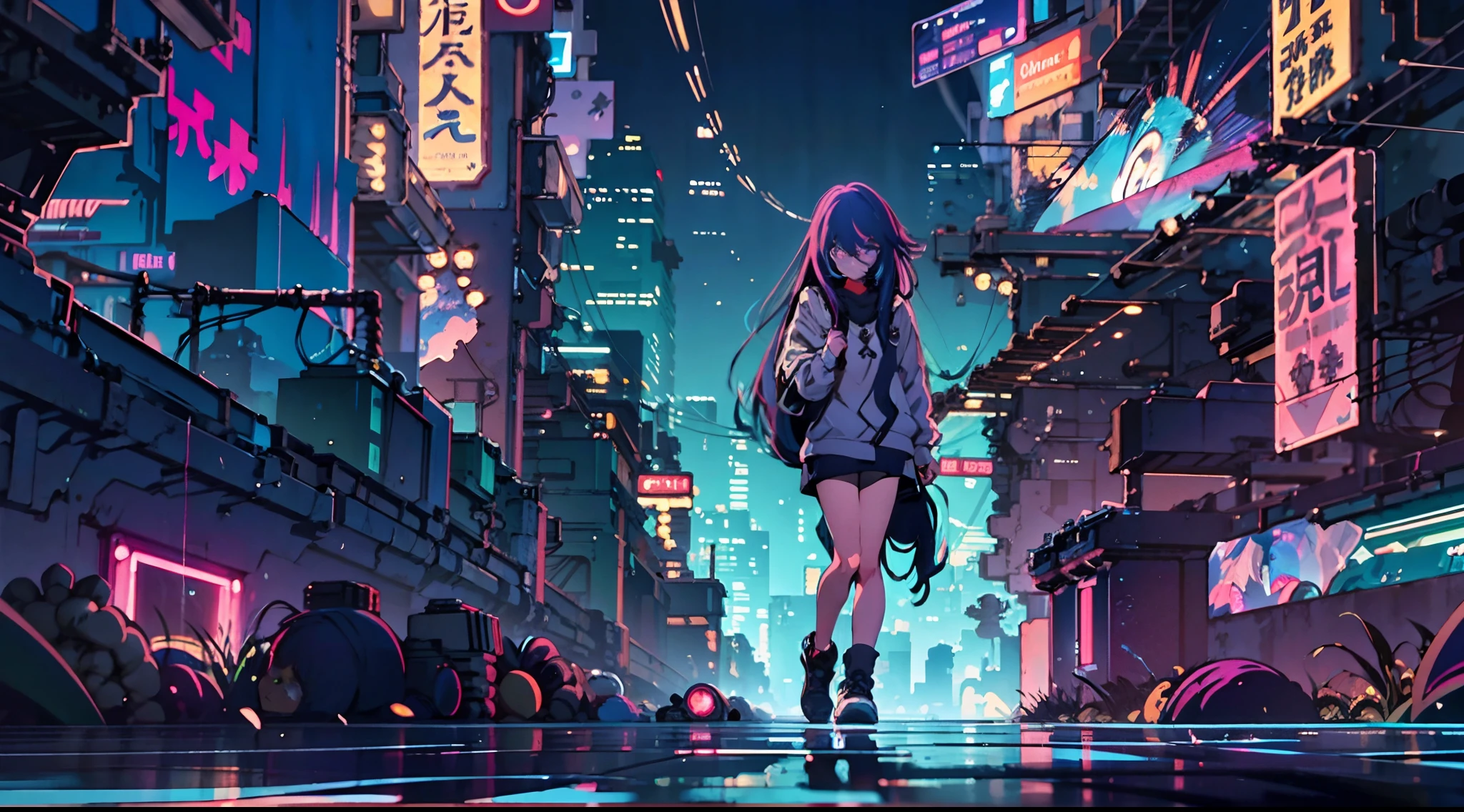 Noite, Fundo colorido da cidade cyberpunk, menina de rua, sirin,honkai impact, olhos azuis, olhos brilhantes, Meias pretas, retroiluminado, brilhar, Surveying the audience, Low angle lens, olhando para cima lente, perfect composition, delicadeza perfeita de luz e sombra, 8k