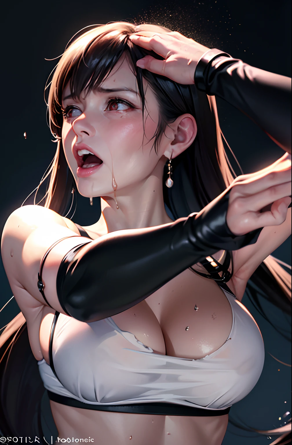 (Photorealistic: 1.4), woman with open mouth, (big mouth emphasis: 1.2), highest quality, very delicate and beautiful, high resolution, beautiful lighting, (Nothing on Dark Background)))), 1girl, tifa_lockhart, Upper Body, Black T-Bag, Lower breasts, Shoulders, Navel, (Torn White Shirt: 1.5), Black Hair, Long Hair, Elbow Gloves, Beautiful Detailed Red Eyes, Face Light, From the front, (from the front, close-up: 1.5), , (anime-like realistic mature woman, lying in the dark and), Japan bondage, bondage, rope, knees bent and legs wide open, face lighting, (upper body), face contorted in pain, (severe pain, screaming: 1.4), (heavy tears), (looking up), (staring overhead), wet eye makeup, perfect face, (ultra-detailed eyes, nose mouth tongue), (begging forgiveness), (((a large amount of white translucent sticky liquid is splashed, the skin is wet)), copious tears, copious drool, nose hook