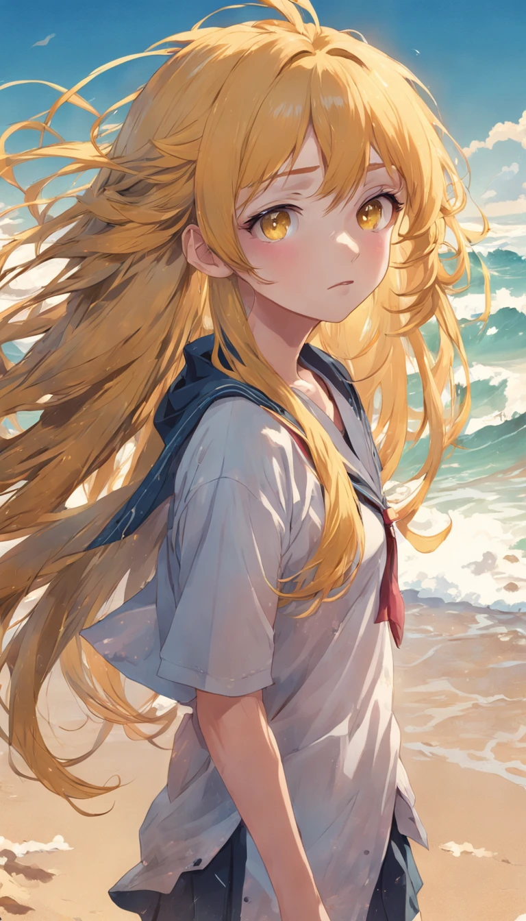 Beach,Look up,Girl in her second year of high school、独奏、long golden hair、hair messy、Yellow eyes