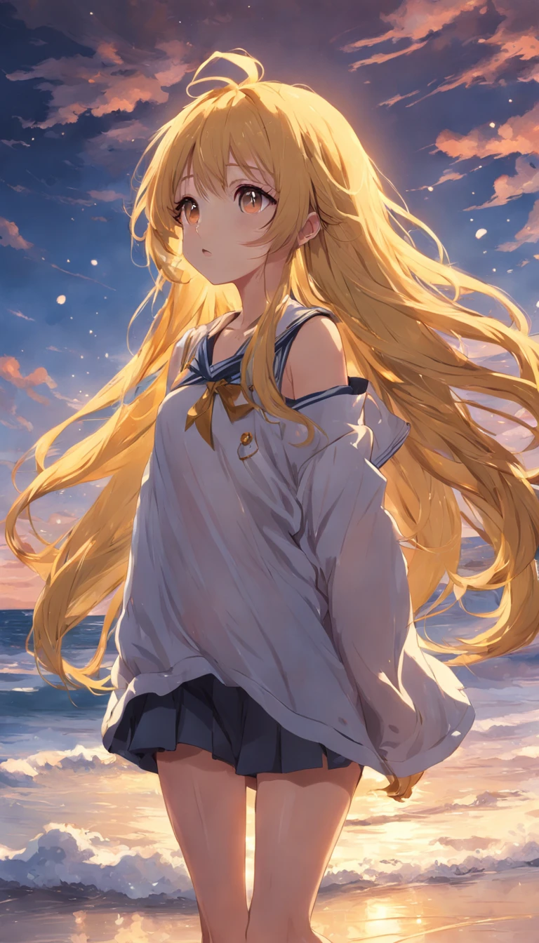 Beach,Look up,Girl in her second year of high school、独奏、long golden hair、hair messy、Yellow eyes