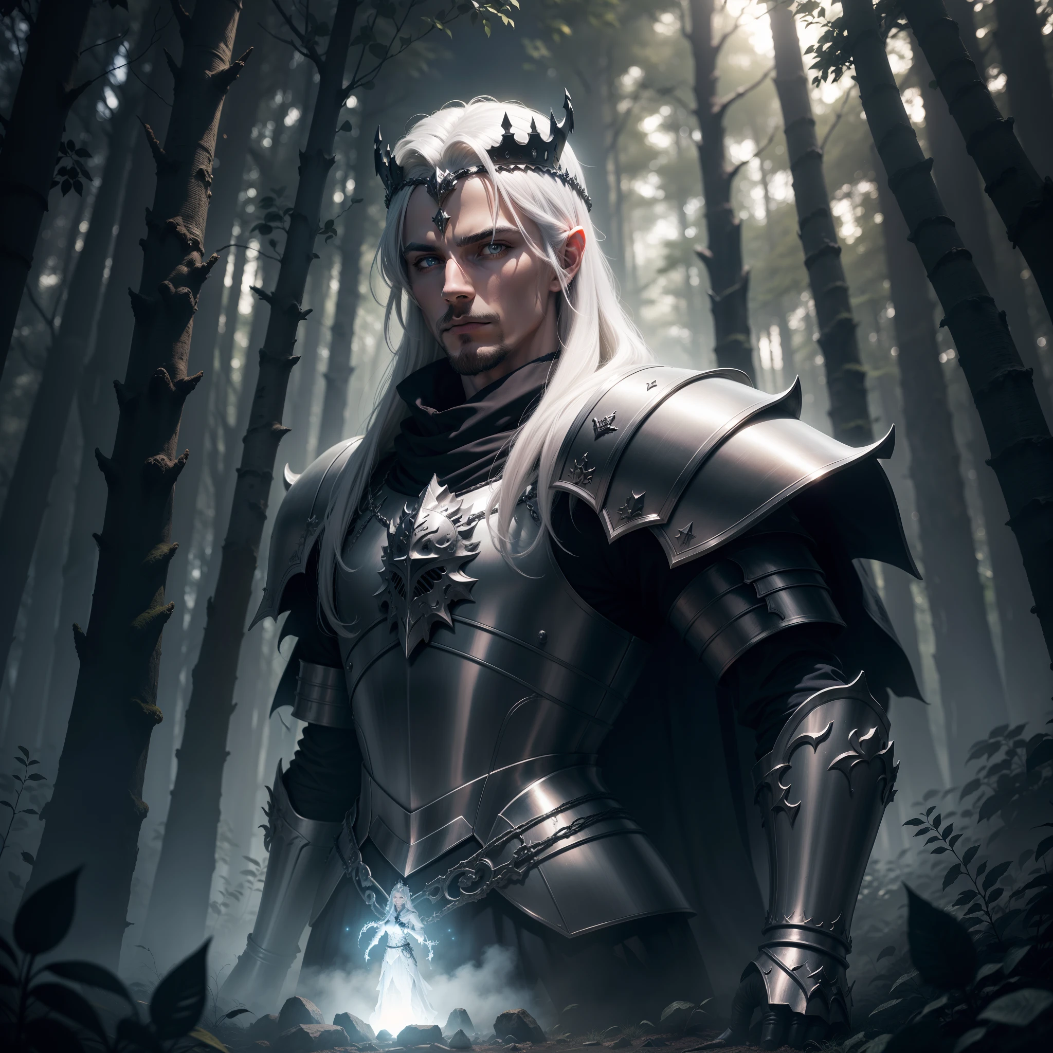 Knight in a dark forest fighting demonic skeletons, silver hair, crown, glowing light, high quality, super detail, 4K