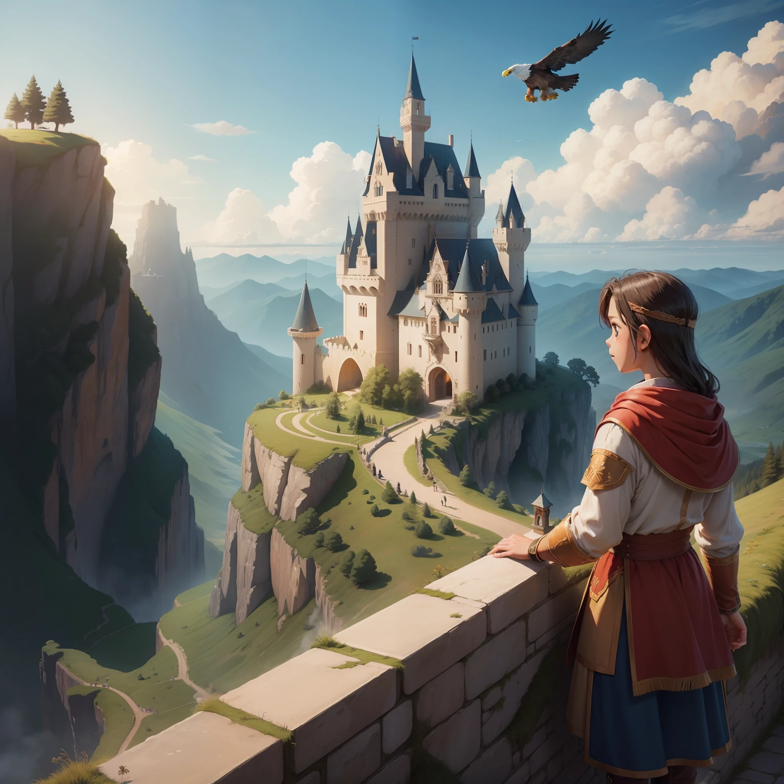 castle above the sky, landscape, childern story book, eagle flying above the sky