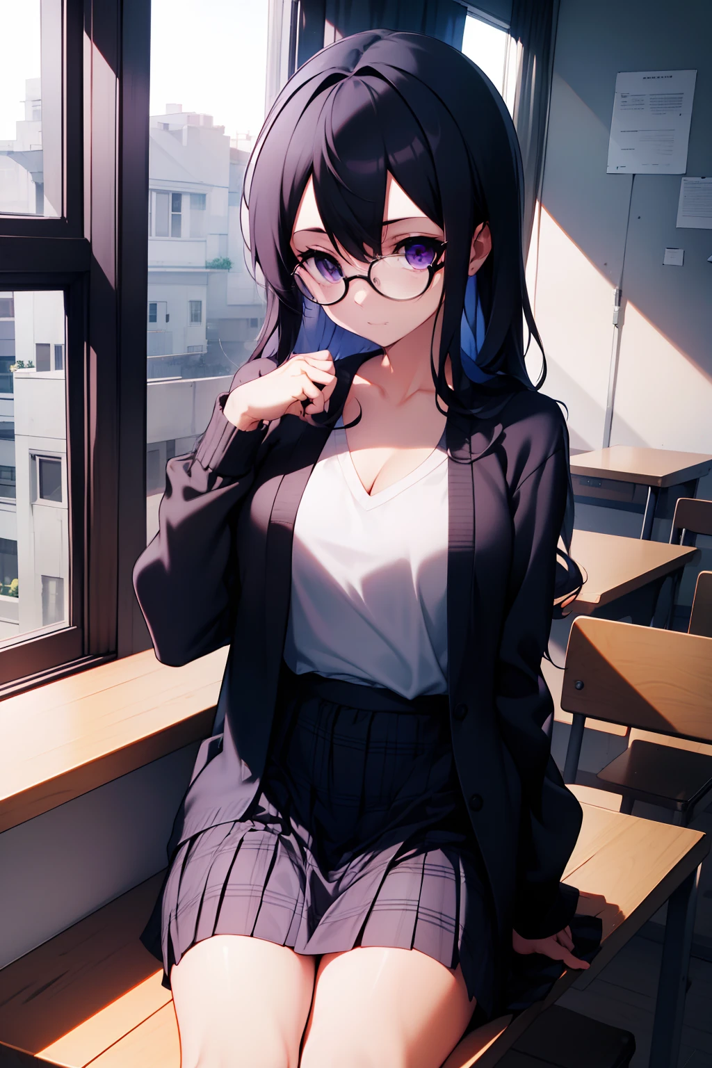 （8K，RAW photos，High light sensitivity，best qualtiy，Very delicate hair，tmasterpiece，超高分辨率，Fidelity：1.25）kr-pny，thin frame glasses，frontage，1girll，校服，Dark gray cardigan jacket，Dark gray blazer，pleatedskirt，Plaid skirts，huge tit，round frame glasses，looking at book，Shy and quiet girl，view from long distance，Hold the book，high school classroom,Sexual turn，cabelos preto e longos，Purple eye