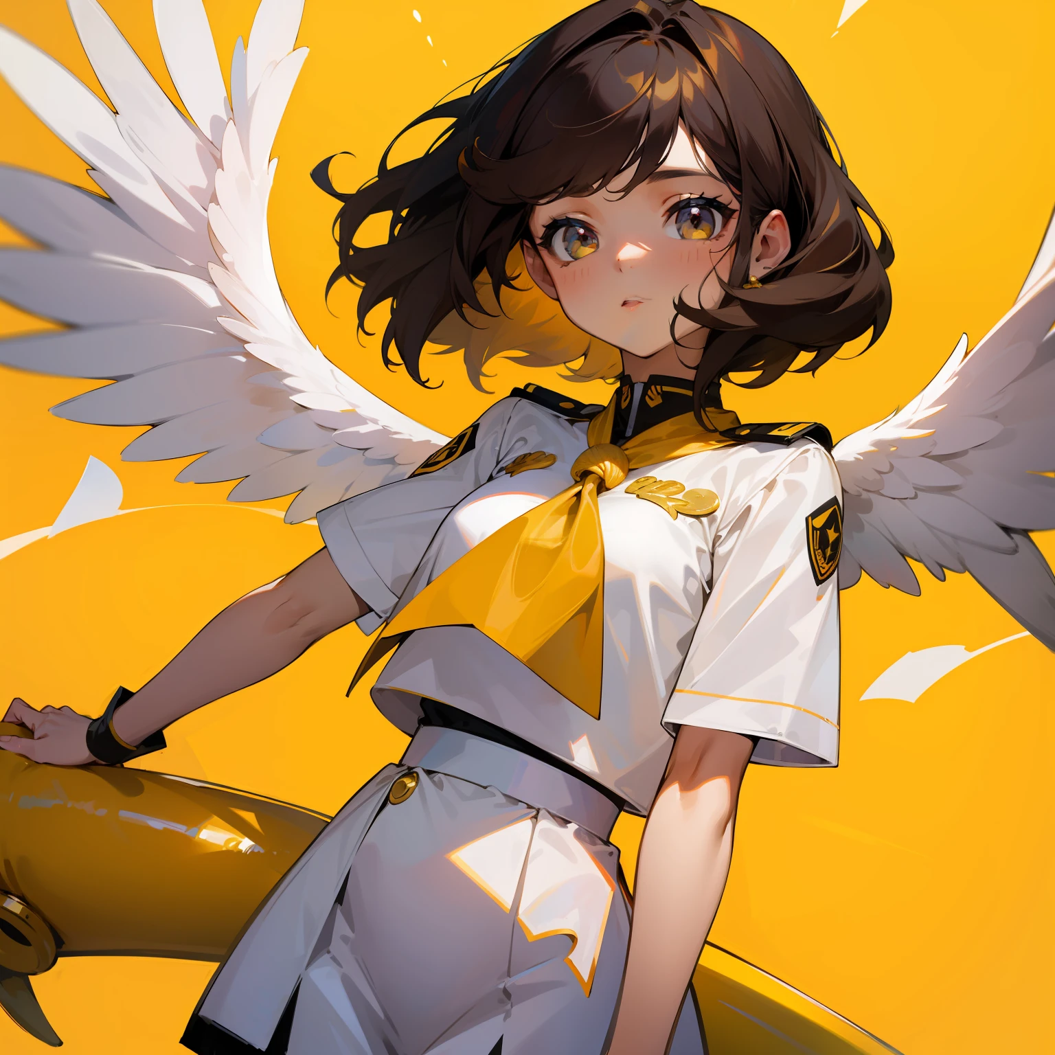 Chica linda, cabello rosa, ojos dorados, uniforme negro, aureola, angel, linda