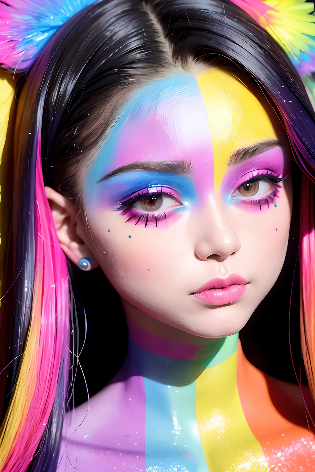 a woman with colorful makeup and rainbow paint on her face, creative colorfull - makeup, colorful photo, creative makeup, color photograph portrait 4k, colorful picture, colorful, colorfully, colorful rave makeup, pop art look, color portrait, painted face, beautiful and colorful, colorful photograph, colorful mood, bright and colorful, painted look, portrait color glamour