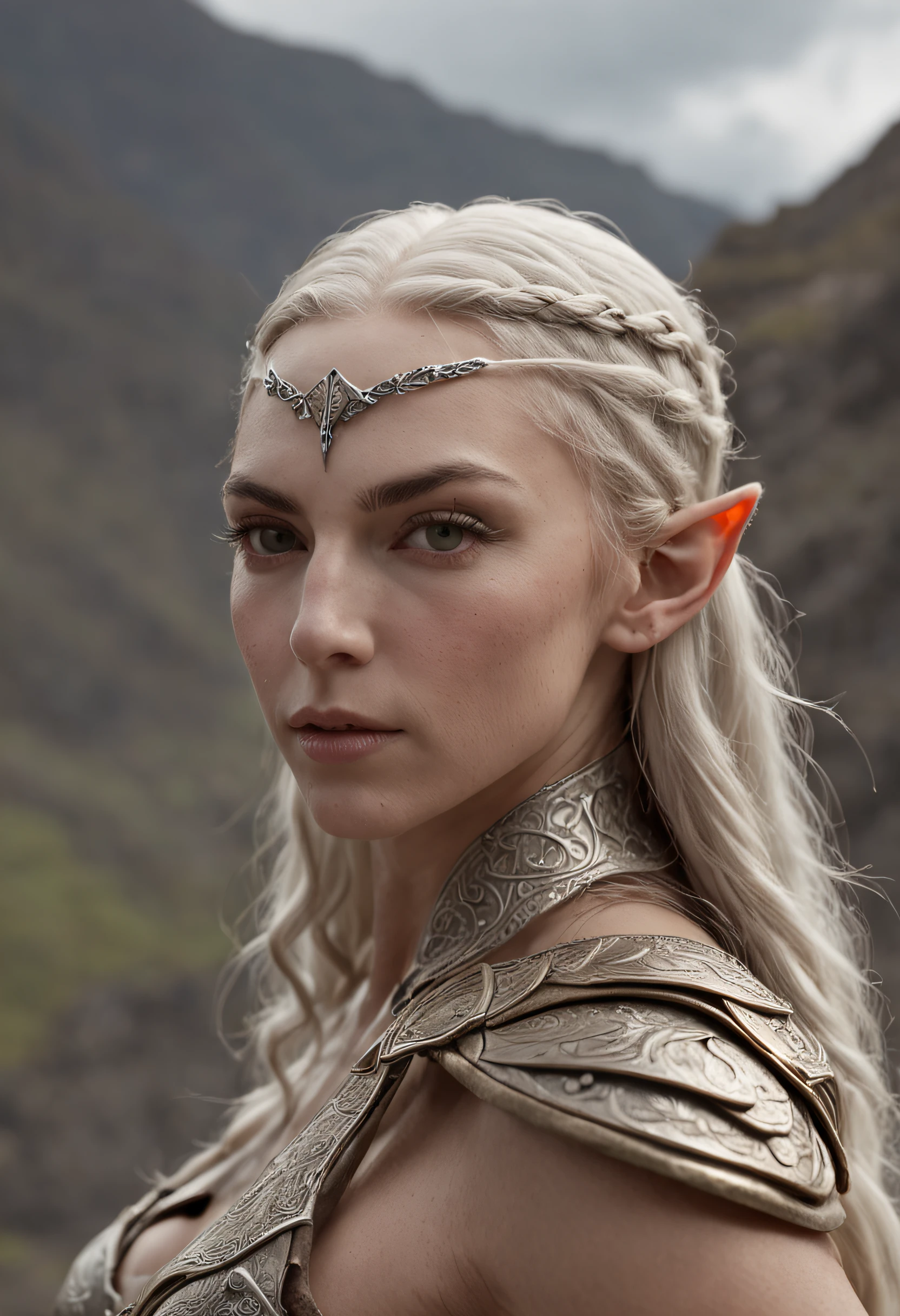 (master part, Realistic portrait:1.3), (Stunning depiction of an elven warrior with a Viking-inspired appearance:1.2), (extremamente bem definido, musculoso, and female physique:1.3), (blonde hair adorned with multiple braids:1.3), (olhos verdes claros penetrantes emanando uma energia radiante:1.2), (grosso, Sobrancelhas meticulosamente moldadas:1.2), (symmetric, Beautiful, e rosto impecavelmente perfeito:1.1), (vestido com um traje de guerreiro, Embracing your body:1.1), (In the background, An active volcano rises high, commanding attention:1.1), (the gray sky giving a gloomy tone:1.1), (his expression conveying the utmost seriousness:1.1), (Full body illustration capturing the dominant presence of the elf:1.1), (a fusion of formidable strength and ethereal allure:1.1), (A work of art that encapsulates the intensity of a legendary warrior:1.1), (Meticulous attention to detail enhances the authenticity of the scene:1.1)), cinemactic, hiper-detalhado, detalhes insanos, Lindamente colorido, Motor irreal, DOF, Super-Resolution, Megapixel, cinematographic lightning, antialiasing, FKAA, TXAA, RTX, SSAO, Post processing, post - production, Mapeamento de Tons, ..cgi, VFX, SFX, Insanamente detalhado e intrincado, Hiper maximalista, hyper realistic, volumetric, fotorrealista, ultra fotorreal |, ultra-detalhado, detalhes intrincados, super detalhado, Colouring, Volumetric lightning, HDR, Realistic, Motor irreal, 16k, foco nítido, octan render