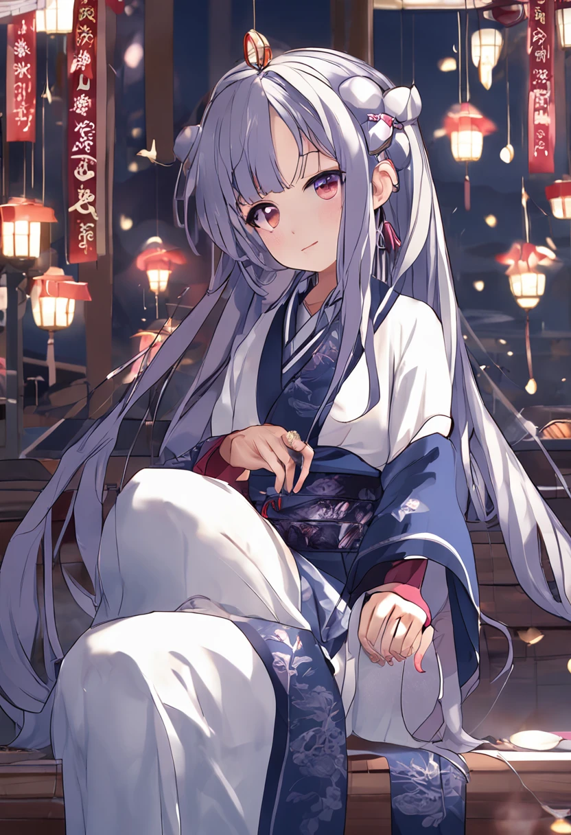 (masterpiece)、((top-quality))、(ultra-detailliert)、1girl in、Silver long hair、 Dark blue ribbons on left and right、huge-breasted、a smile、 Purple big eyes, kimono, komono, 独奏, red kimono, Dark blue kimono、Look at viewers, wide sleeves, bubbling, long-sleeve, Parting bangs, is standing, hold, bangss