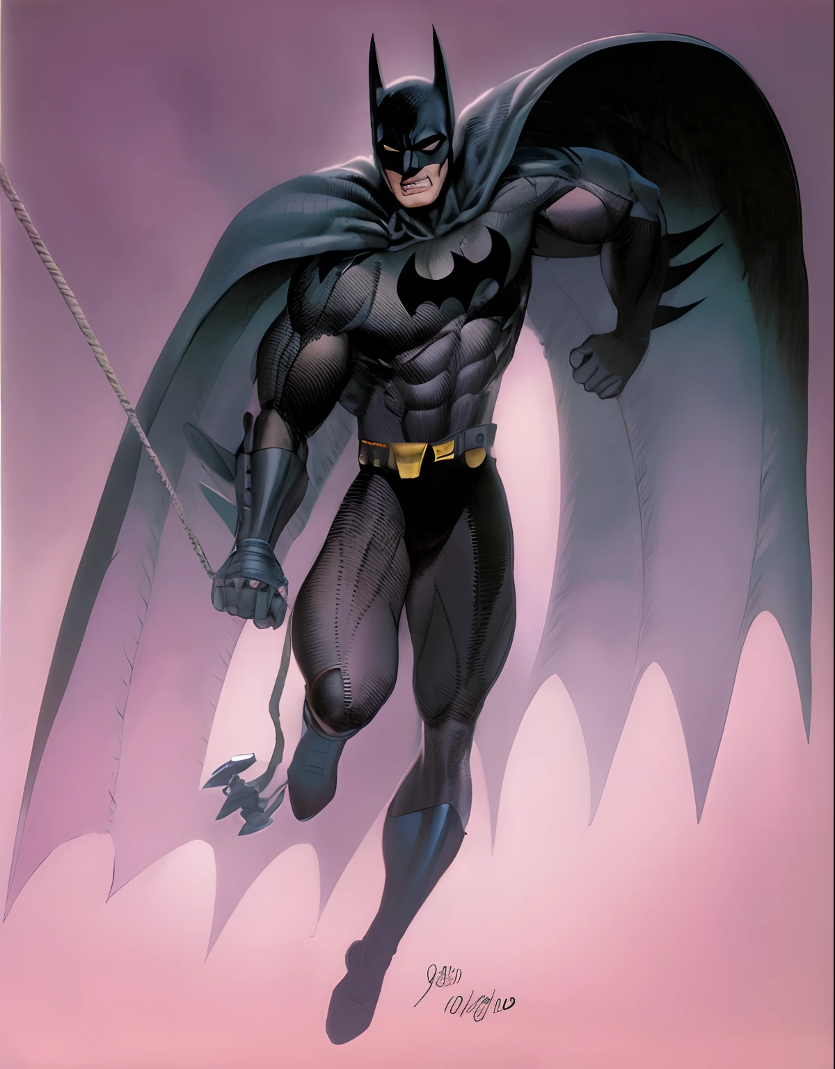masterpiece, high quality images, Batman in action HOLDING ON A ROPE and cape with the dark city of Gotham in the background, inspirado em Neal Adams, inspirado em Jim Lee, pencil and ink, desenho REALISTA de quadrinhos, Directed by: Hugh Hughes, inspirado em Wally Wood, inspirado em Arthur Adams, inspirado em Bruce Timm, inspirado em Frank Miller, inspirado em Bickenbach, inspirado por Hal Foster, inspirado em Alex Toth, Fantastic Art, 8k