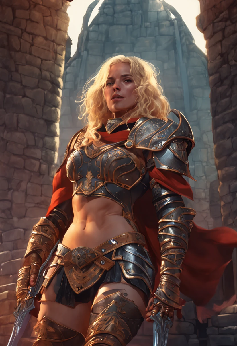 female, (muscular:1.4), (fully clothed:1.5), (red skin:1.4), tall, paladin, ADDCOMM
medieval fantasy setting, tavern, interior, guarding, vengeance <lora:ColoredSkin:0.5> ADDBASE
( [blonde : gold : 0.4] hair color:1.5), (black horns:1.1), short (shaved undercut hairstyle), blue eye color, raised eyebrow, (smirk:1.3) ADDROW
(thick muscular arms:1.5), (steel plate armor breastplate:1.5), backpack, adventurer, black cloth pants, belt pouch, spear held vertically