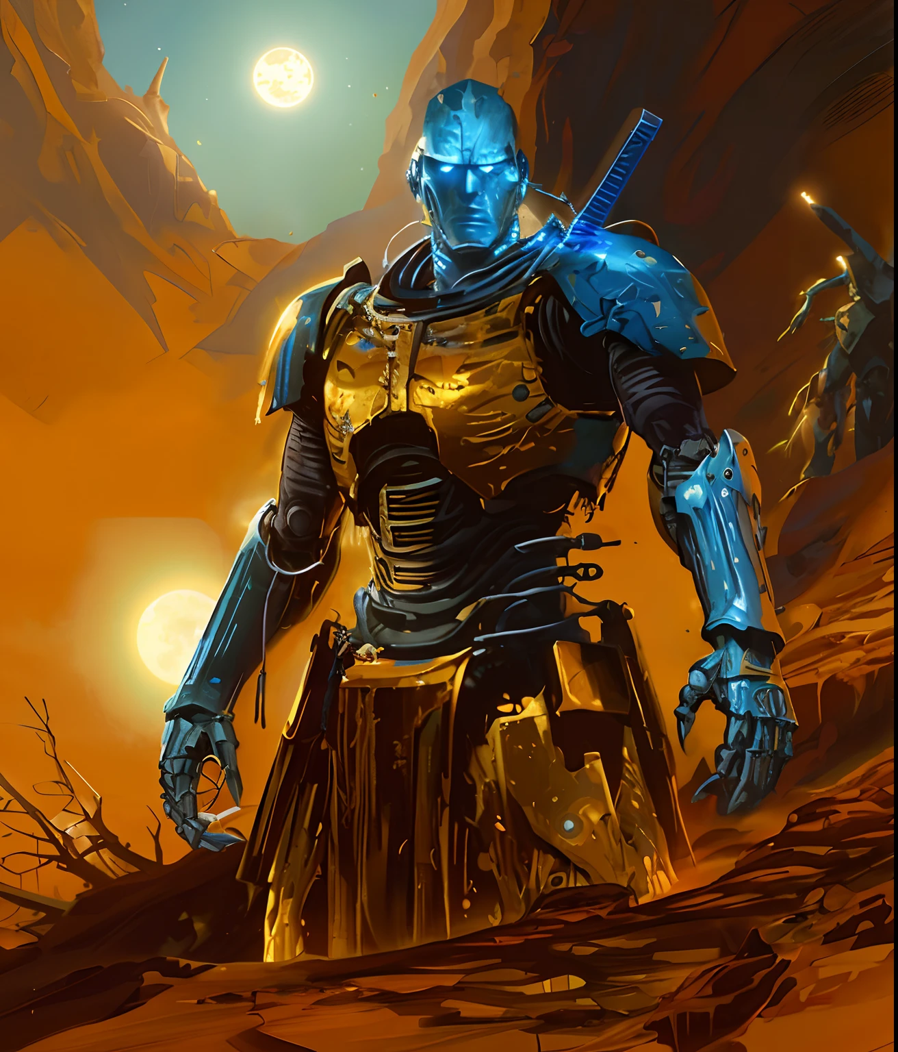 Blue sky and moon, arafed image of a man in armor standing in a desert, blue sky and moon, yellow human-sized warforged, craig mullins nekro, gold heavy armor. dramatic, warrior in sci-fi armour, by Craig Mullins, portrait of ninja slayer, craig mullins style, artstation masterpiece, craig mullins greg rutkowski, craig mullins dark key, stefan koidl inspired