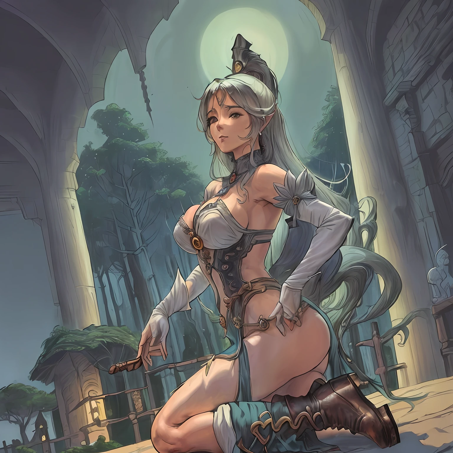 ((Uma bela mulher de cabelos castanhos colocando suas botas (The scene conveys a sense of serenity and elegance))