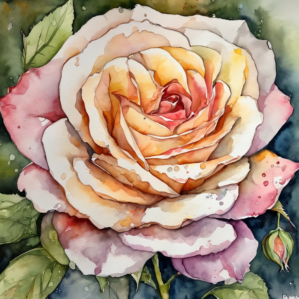 wtrcolor style, (rose) digital art, official art, blown by the wind, masterpiece, beautiful, ((watercolor)), paint splatter, intricate detail. Great detail, [dripping:0.7], Trending on Artstation, Rachel Walker