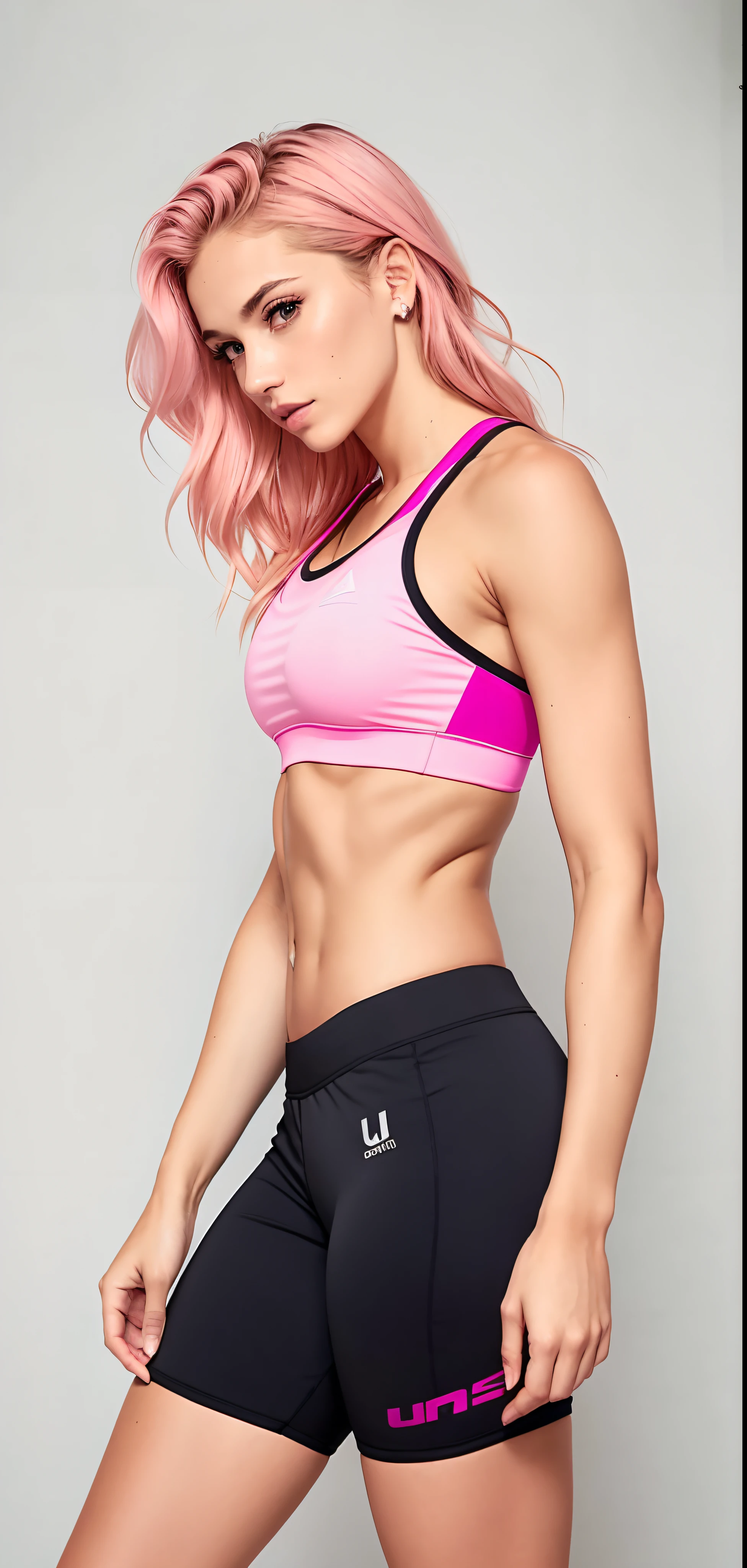 A gorgeous woman in a pink sports bra top and black shorts, brassier, Esporte bom, sports bra, top de cabresto rosa quente, sport bra and shirt, Top de cabresto rosa, detailed sports bra, sport bra and shorts, upper torso included, olhando de lado!, neon pink, costas arqueadas, athletic muscle tone, roupas esportivas, usando equipamento de fitness, Titular Top