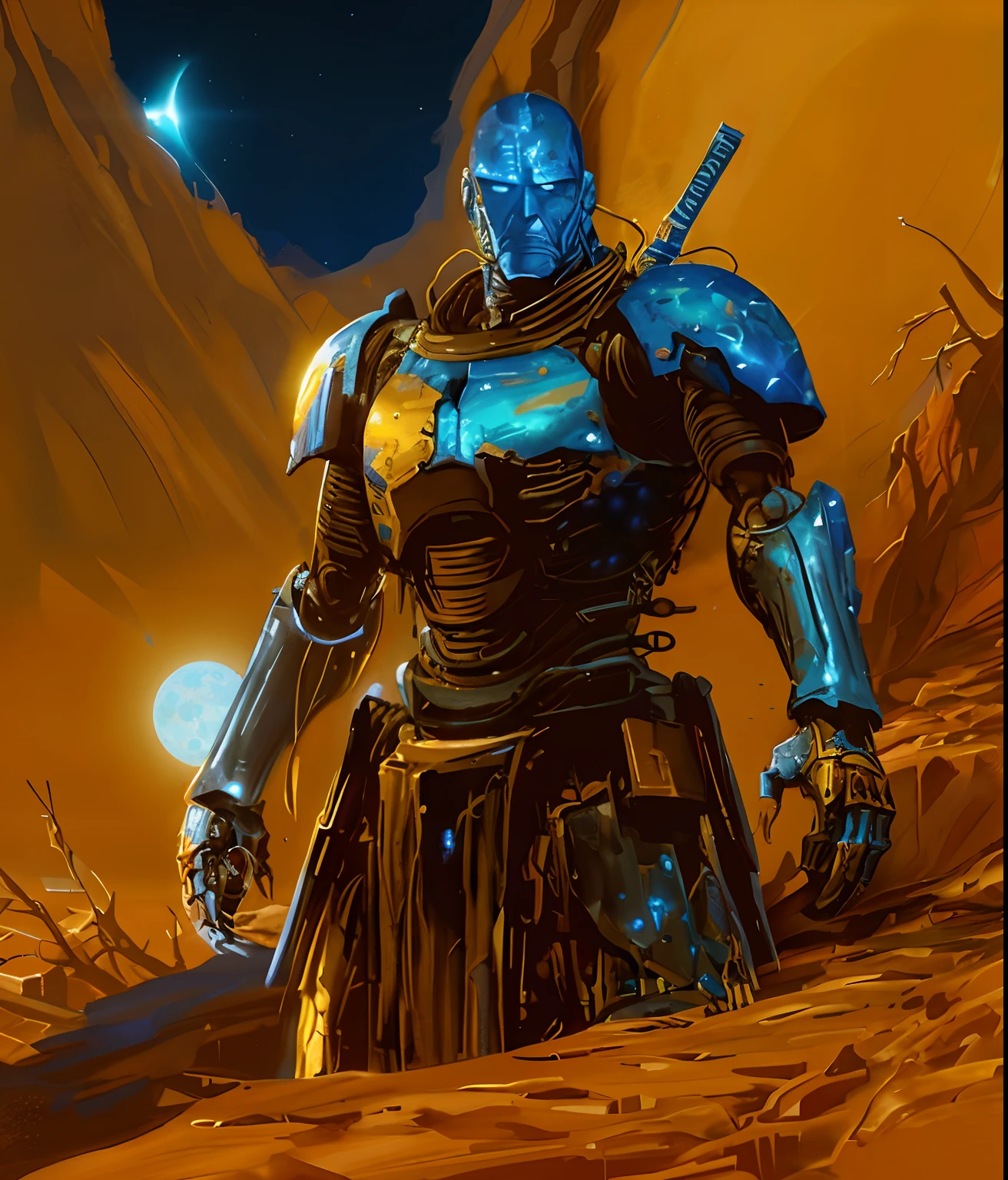 Blue sky and moon, arafed image of a man in armor standing in a desert, blue sky and moon, yellow human-sized warforged, craig mullins nekro, gold heavy armor. dramatic, warrior in sci-fi armour, by Craig Mullins, portrait of ninja slayer, craig mullins style, artstation masterpiece, craig mullins greg rutkowski, craig mullins dark key, stefan koidl inspired