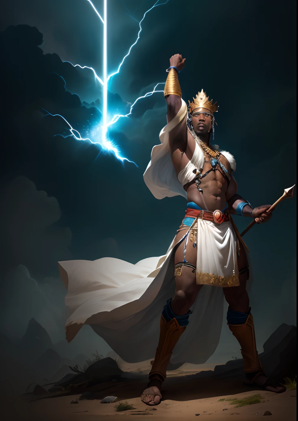 full body shot of Giant African god of rain and lightning flying in the sky among dark clouds, lightning striking all over his body, eyes glowing white, moon shining, with iridescent light, cinematic lighting, artgerm style, 32k, ultra HD, unreal engine rendered, hyper-realistic image, octane 3d rendering --auto --s2