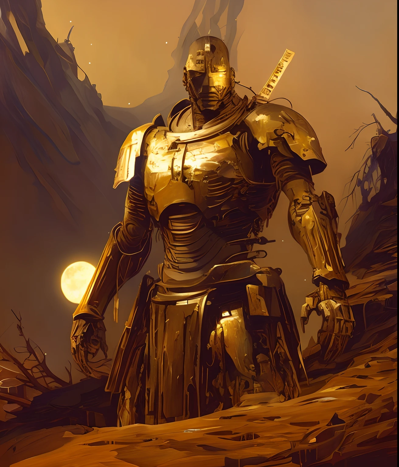 Blue sky and moon, arafed image of a man in armor standing in a desert, blue sky and moon, blue human-sized warforged, craig mullins nekro, gold heavy armor. dramatic, warrior in sci-fi armour, by Craig Mullins, portrait of ninja slayer, craig mullins style, artstation masterpiece, craig mullins greg rutkowski, craig mullins dark key, stefan koidl inspired