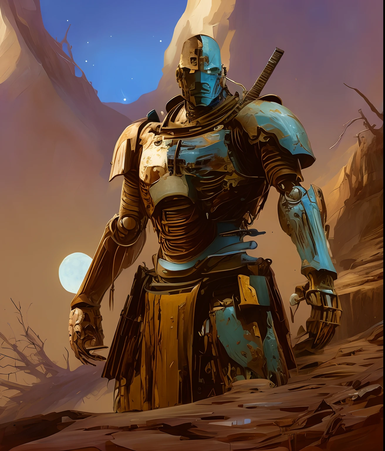 Blue sky and moon, arafed image of a man in armor standing in a desert, blue sky and moon, blue human-sized warforged, craig mullins nekro, gold heavy armor. dramatic, warrior in sci-fi armour, by Craig Mullins, portrait of ninja slayer, craig mullins style, artstation masterpiece, craig mullins greg rutkowski, craig mullins dark key, stefan koidl inspired