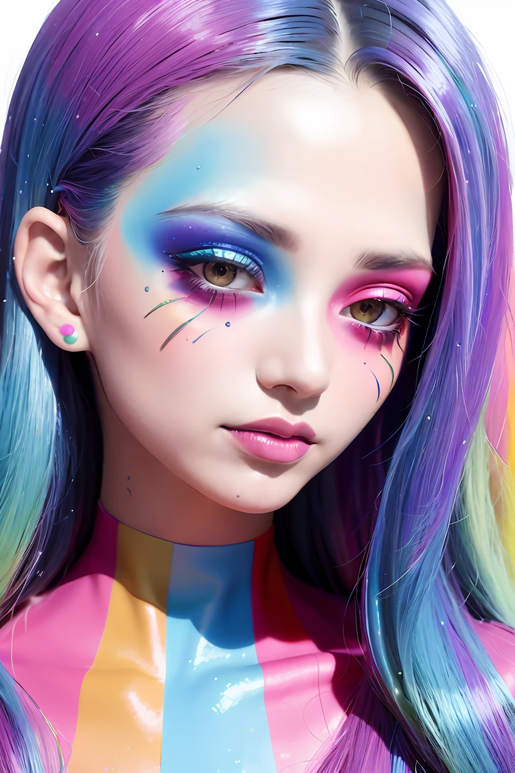 a woman with colorful makeup and rainbow paint on her face, creative colorfull - makeup, colorful photo, creative makeup, color photograph portrait 4k, colorful picture, colorful, colorfully, colorful rave makeup, pop art look, color portrait, painted face, beautiful and colorful, colorful photograph, colorful mood, bright and colorful, painted look, portrait color glamour