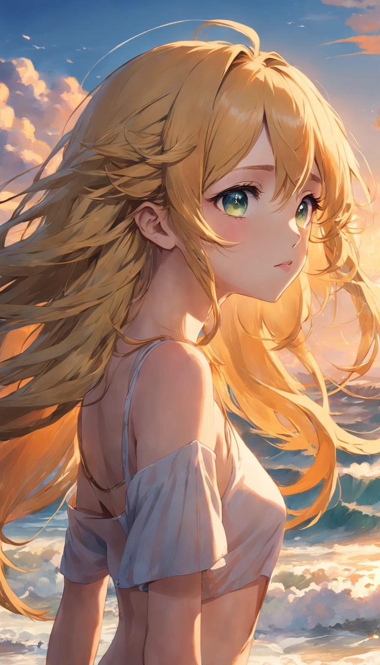 Beach,Look up,girl with、独奏、long golden hair、hair messy、Yellow eyes