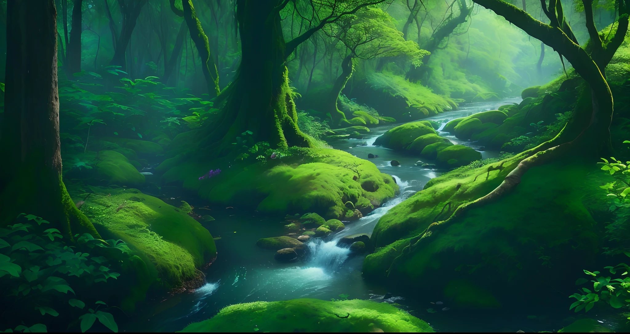 there is a stream running through a lush green forest filled with trees, ambiente florestal de fantasia, paisagem da floresta da fantasia, fundo da floresta da fantasia, Rio em uma floresta, Floresta e rio, Paisagem da floresta da fantasia no dia, peaceful elven forest, floresta da fantasia, fundo de fantasia forrest, belas paisagens florestais, ambiente tranquilo, exuberante floresta verde profunda, magical forest backround, magical atmosphere
