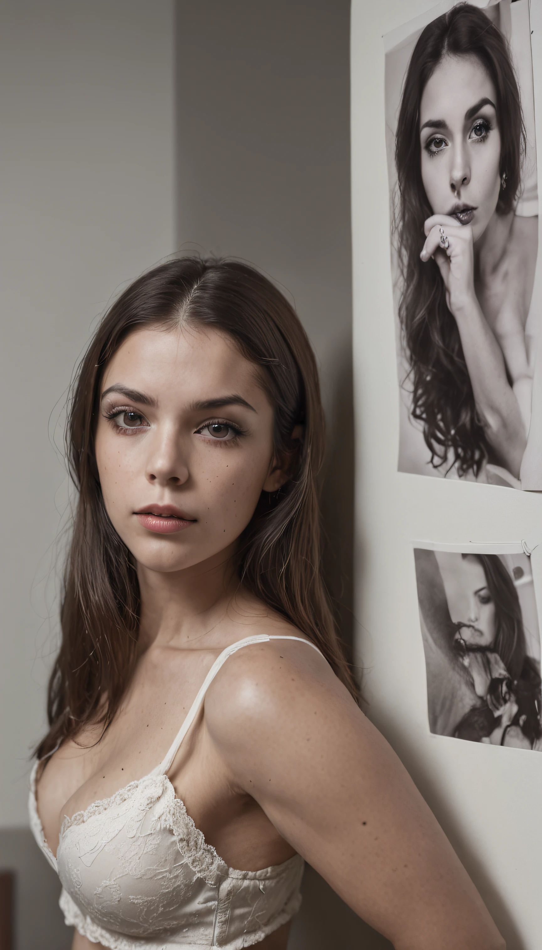 Auto retrato de corpo inteiro, de uma jovem mulher, de 29 anos, (((vestindo roupas curtas))) (((corpo tatuado))), (inspirado em garotas Suicide Girls:1.3), (nsfw:1.4), ((em um quarto, with several posters pasted on the wall)), Autorretrato realista, 8k UHD, DSLR, grain of film, (fotorrealista:1.5)