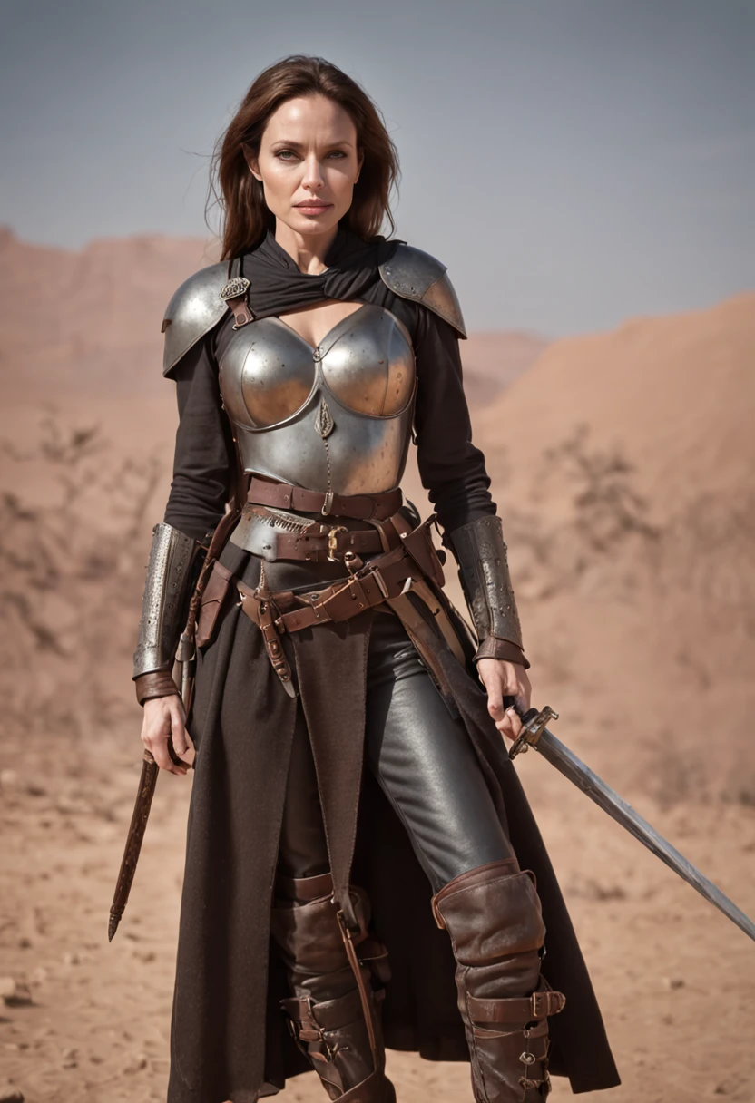 Angelina Jolie (knight holding a sword, on a desert place), looking at viewer, ((wearing a leather pants, cuirass, gorget, pauldron, couter, vambrace, gauntlets, cuisses, greaves, sabatons, poleyn, tasses, plackard, rerebrace, breastplace, faulds, scabbard, gardbrace, shoulder_armor))