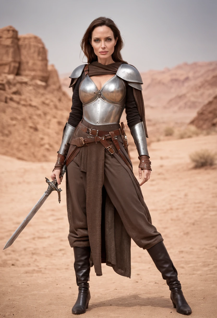 Angelina Jolie (knight holding a sword, on a desert place), looking at viewer, ((wearing a leather pants, cuirass, gorget, pauldron, couter, vambrace, gauntlets, cuisses, greaves, sabatons, poleyn, tasses, plackard, rerebrace, breastplace, faulds, scabbard, gardbrace, shoulder_armor))