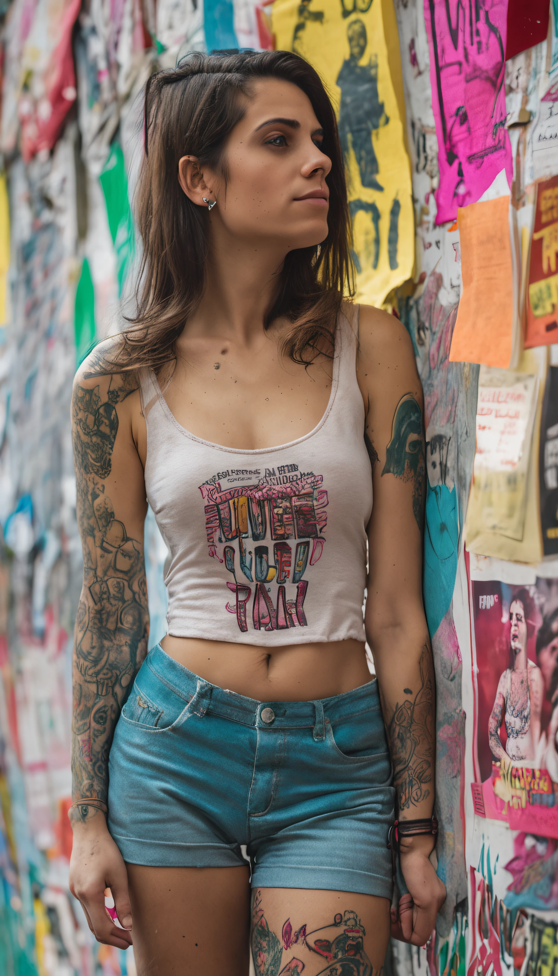 Auto retrato de corpo inteiro, de uma jovem mulher, de 29 anos, (((vestindo roupas curtas ((corpo tatuado))), (inspirado em garotas Suicide Girls:1.3), ((em um quarto, with several posters pasted on the wall)), Autorretrato realista, 8k UHD, DSLR, grain of film, (fotorrealista:1.5)