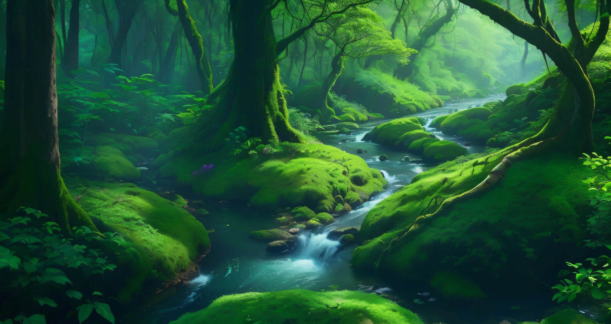 there is a stream running through a lush green forest filled with trees, ambiente florestal de fantasia, paisagem da floresta da fantasia, fundo da floresta da fantasia, Rio em uma floresta, Floresta e rio, Paisagem da floresta da fantasia no dia, peaceful elven forest, floresta da fantasia, fundo de fantasia forrest, belas paisagens florestais, ambiente tranquilo, exuberante floresta verde profunda, magical forest backround, magical atmosphere