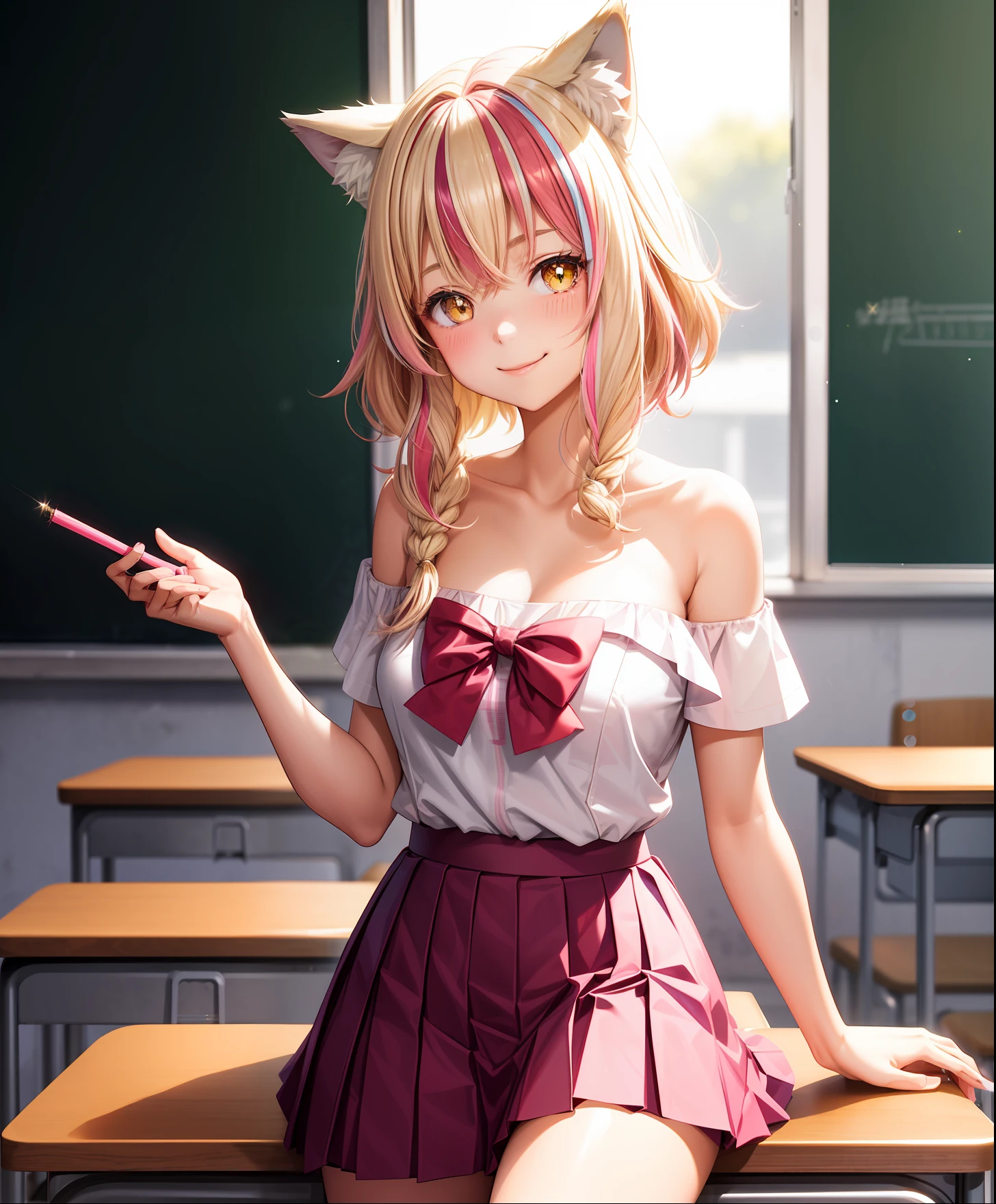 medium breasts (( wolf girl)) ((pink streaked blonde hair)) shy smile strapless top bare shoulder pleated skirt school uniform bright reds all over, glitter powder, picture perfect, classroom studying, school, class